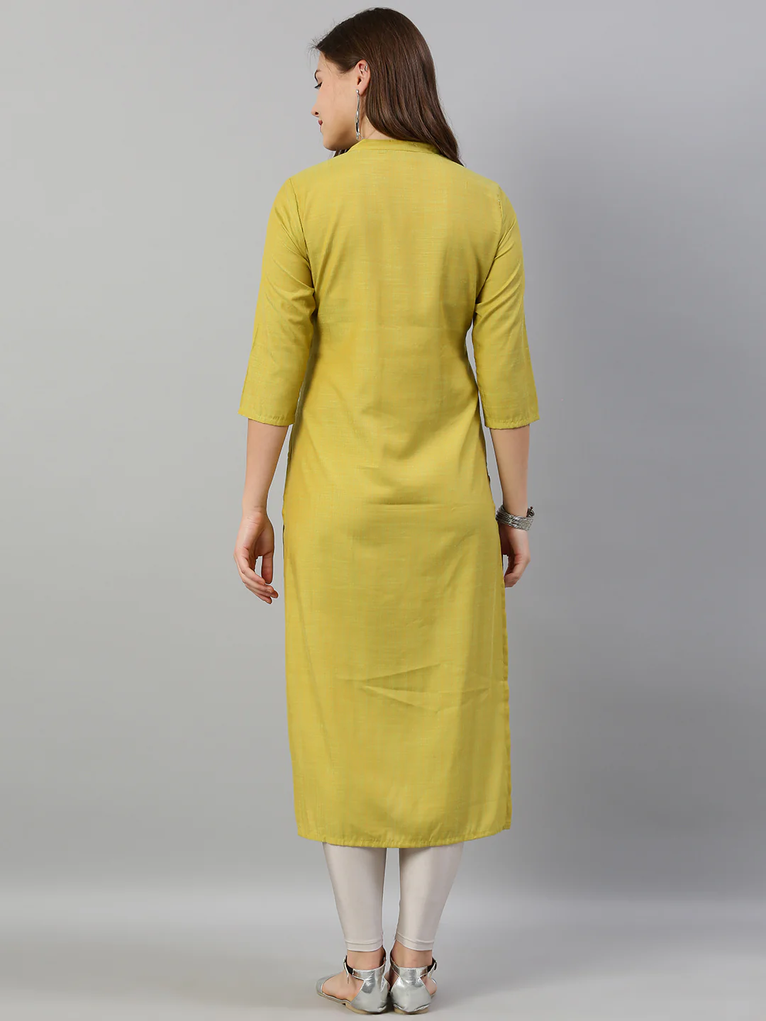 Neerus Women Mustard Yellow Green Embroidered Straight Kurta With Mirror Work - Image 4