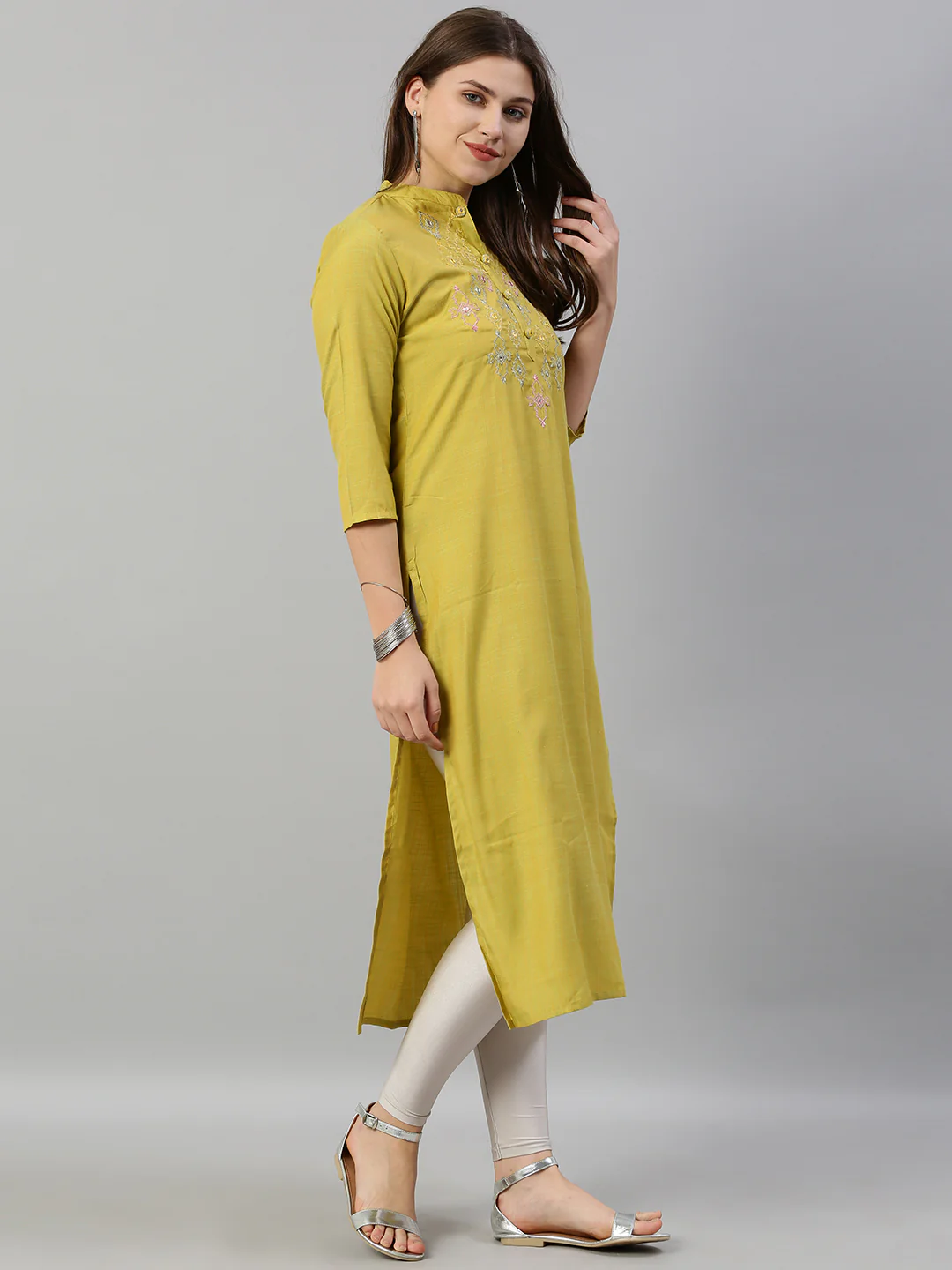 Neerus Women Mustard Yellow Green Embroidered Straight Kurta With Mirror Work - Image 5