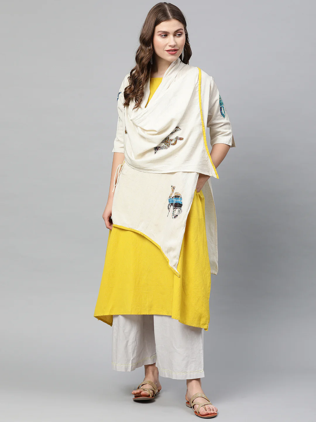 Neerus Women Mustard Yellow Off-White Solid A-Line Kurta With Shrug