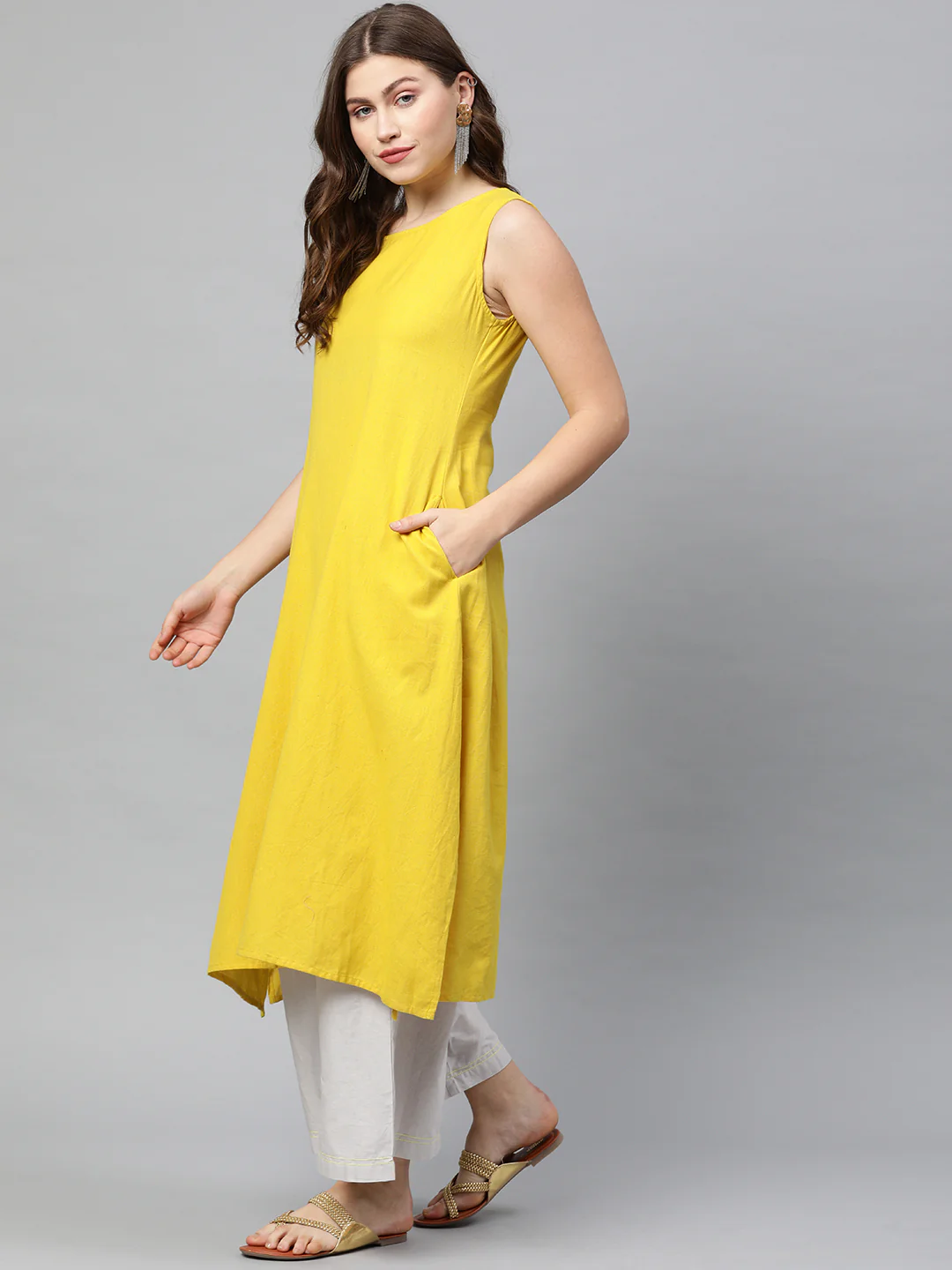 Neerus Women Mustard Yellow Off-White Solid A-Line Kurta With Shrug - Image 4