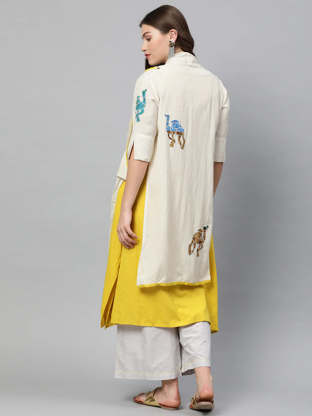 Neerus Women Mustard Yellow Off-White Solid A-Line Kurta With Shrug - Image 5