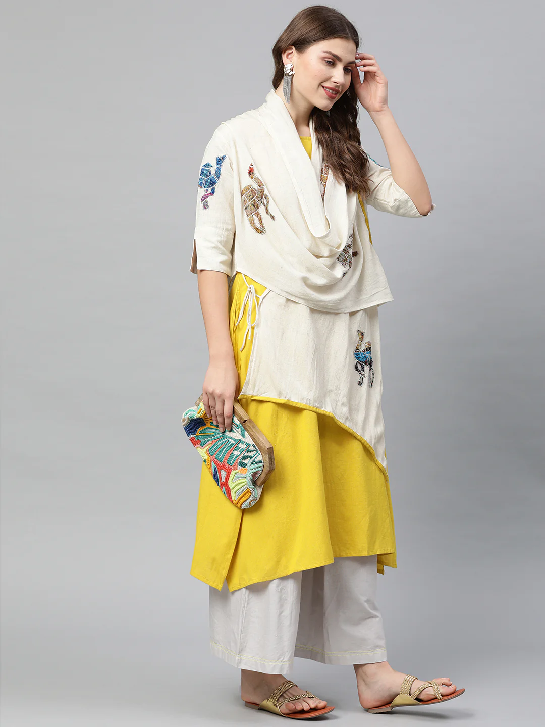 Neerus Women Mustard Yellow Off-White Solid A-Line Kurta With Shrug - Image 6