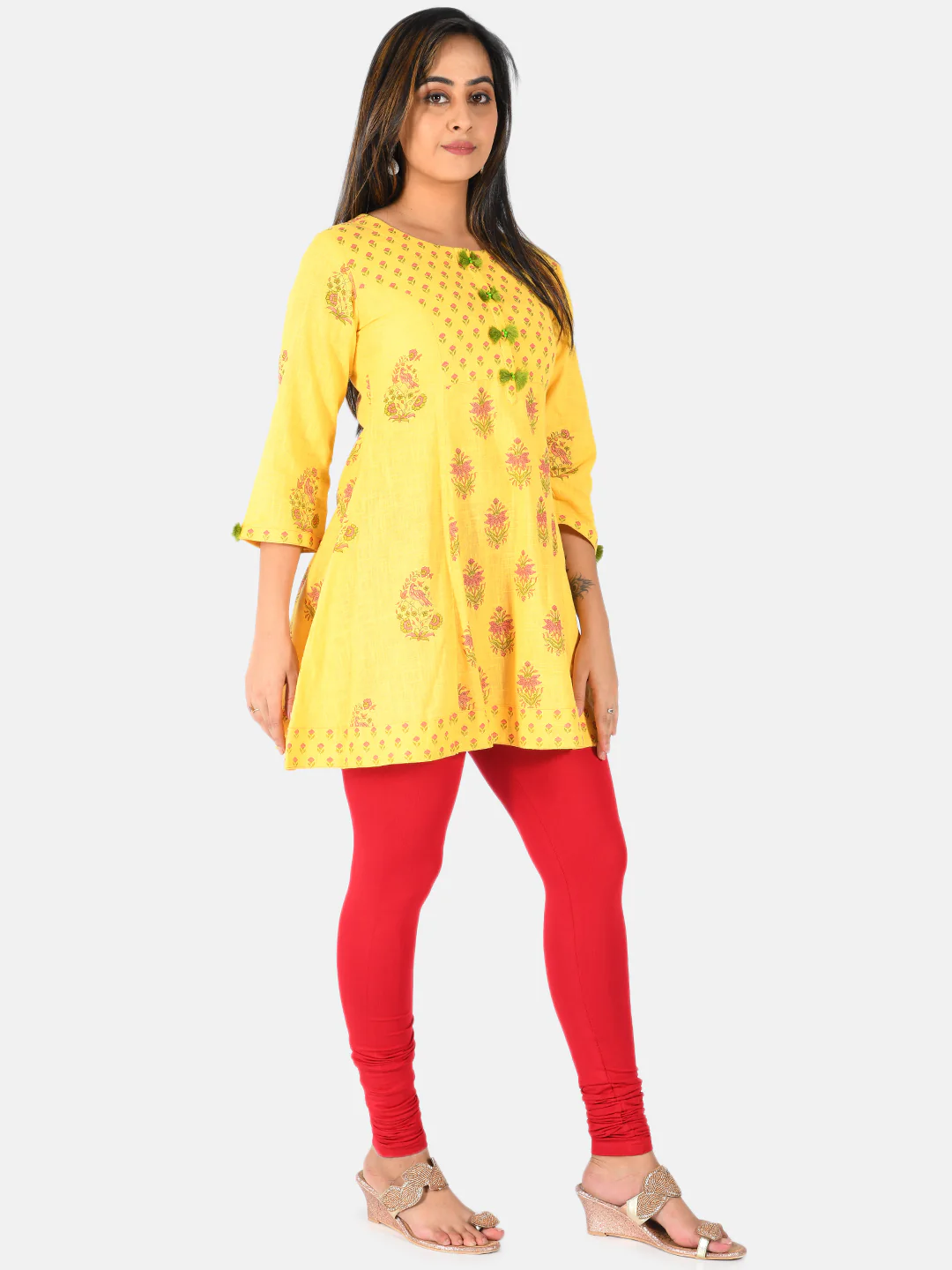 Neerus Women Mustard Yellow Printed A-Line Pure Cotton Kurti - Image 5