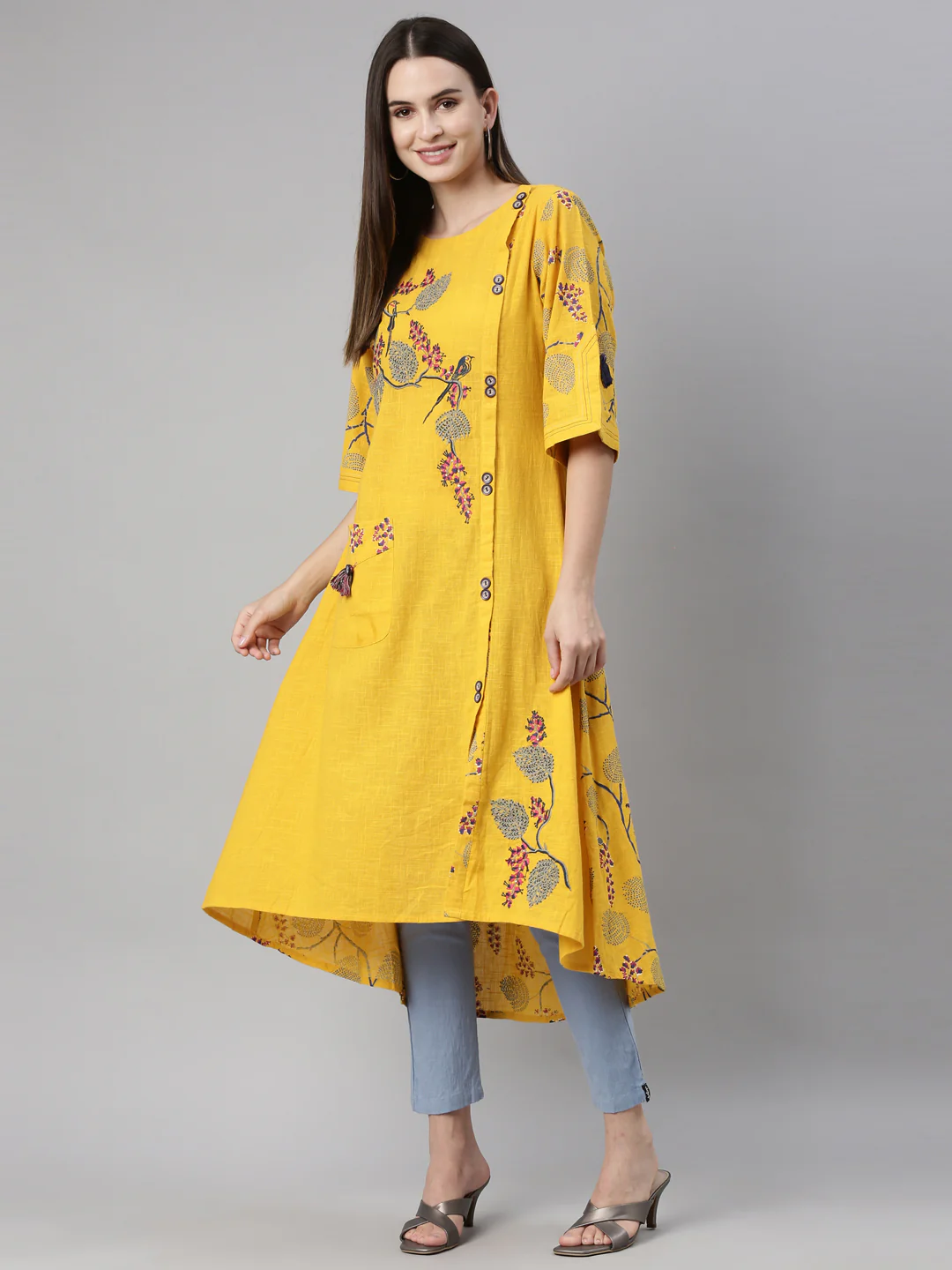 Neerus Women Mustard Yellow Quirky Printed Thread Work Kurta