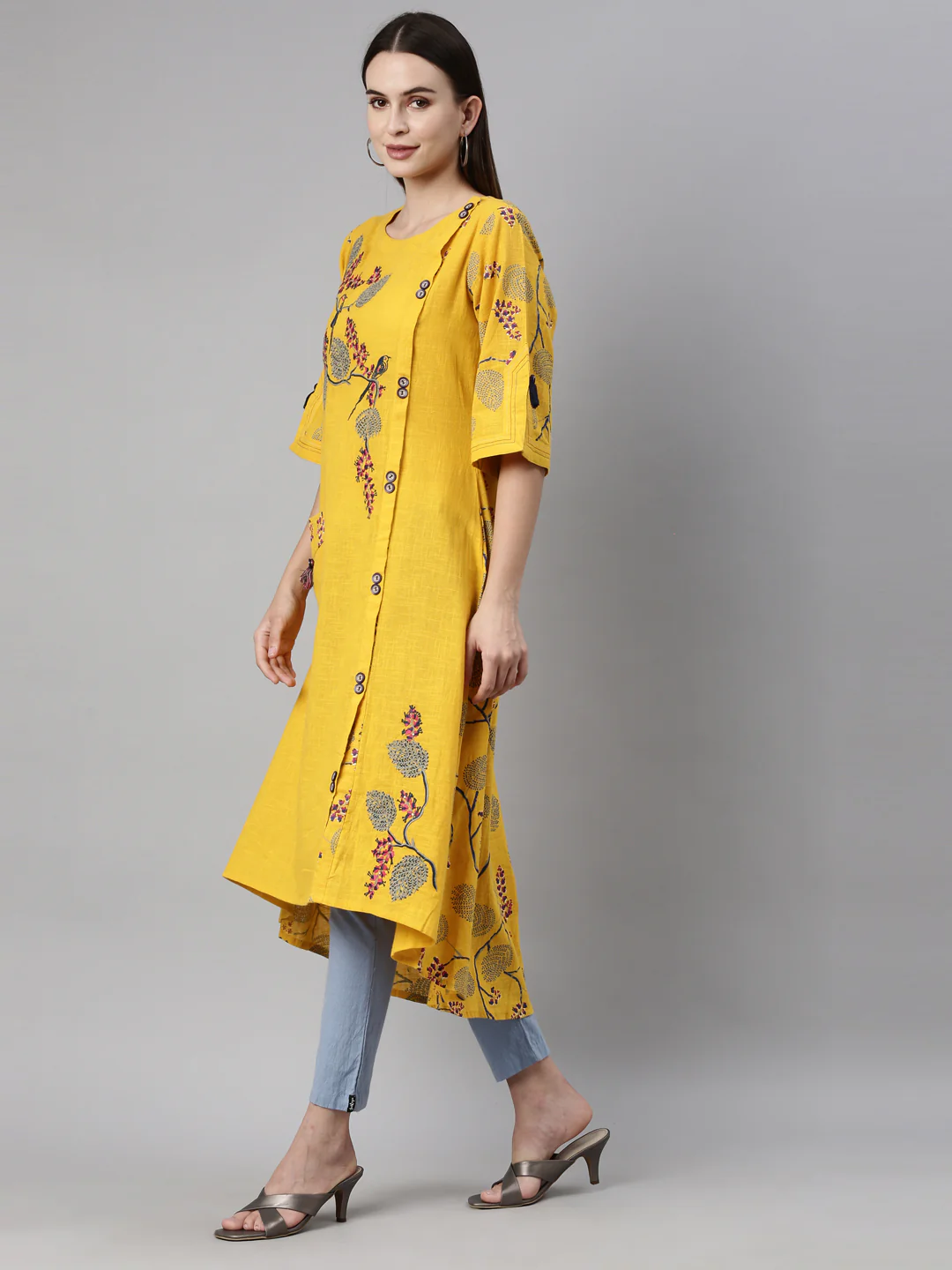 Neerus Women Mustard Yellow Quirky Printed Thread Work Kurta - Image 3