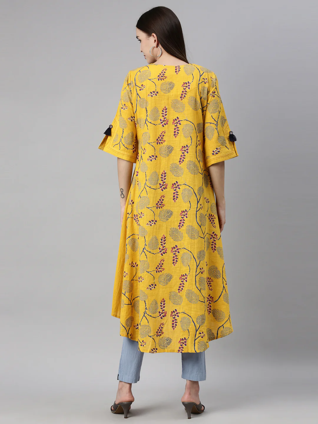 Neerus Women Mustard Yellow Quirky Printed Thread Work Kurta - Image 4