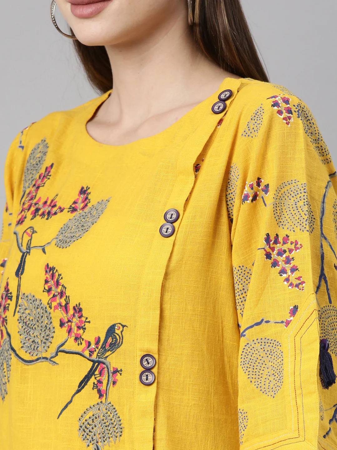 Neerus Women Mustard Yellow Quirky Printed Thread Work Kurta - Image 5
