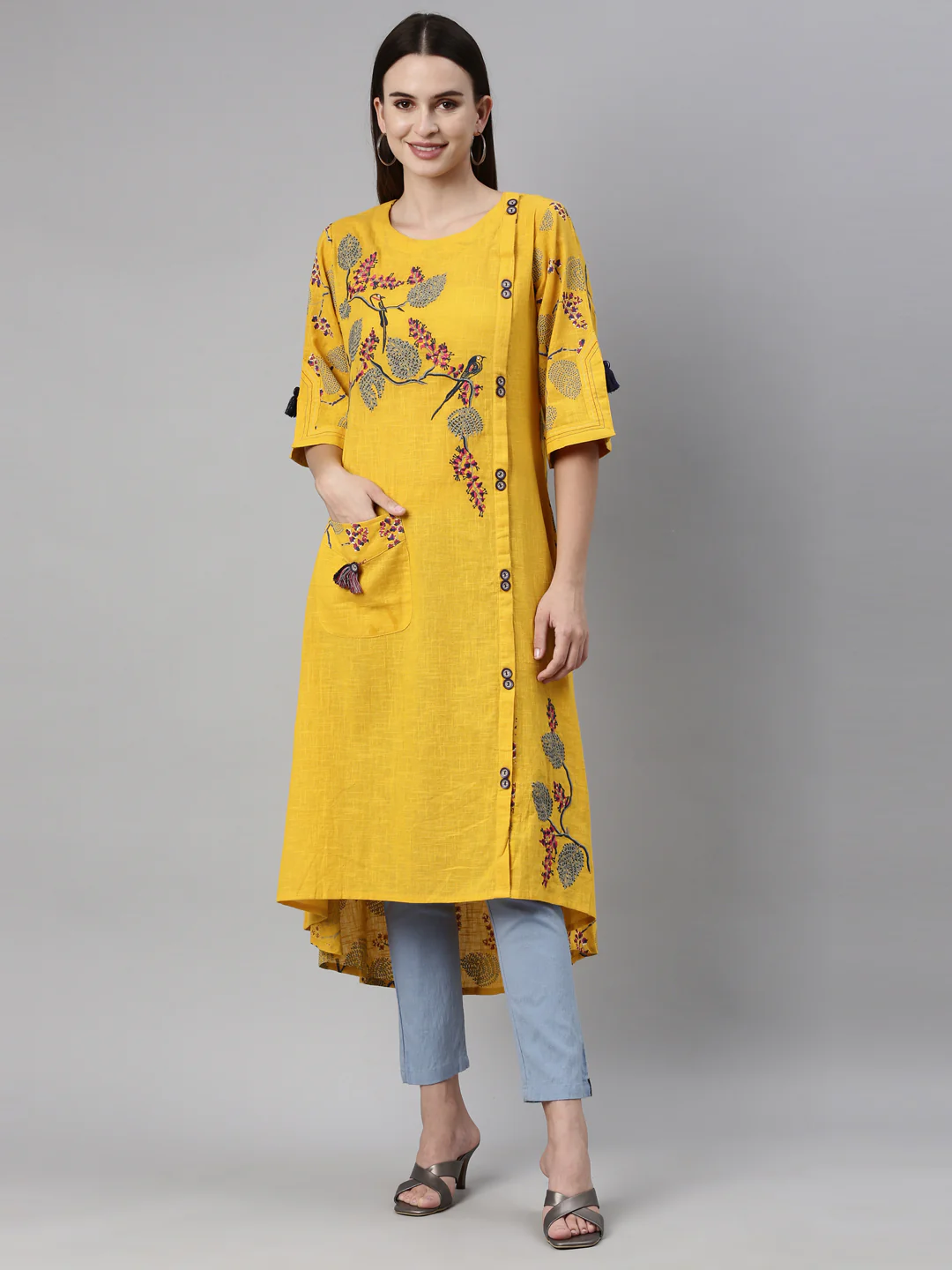 Neerus Women Mustard Yellow Quirky Printed Thread Work Kurta - Image 6
