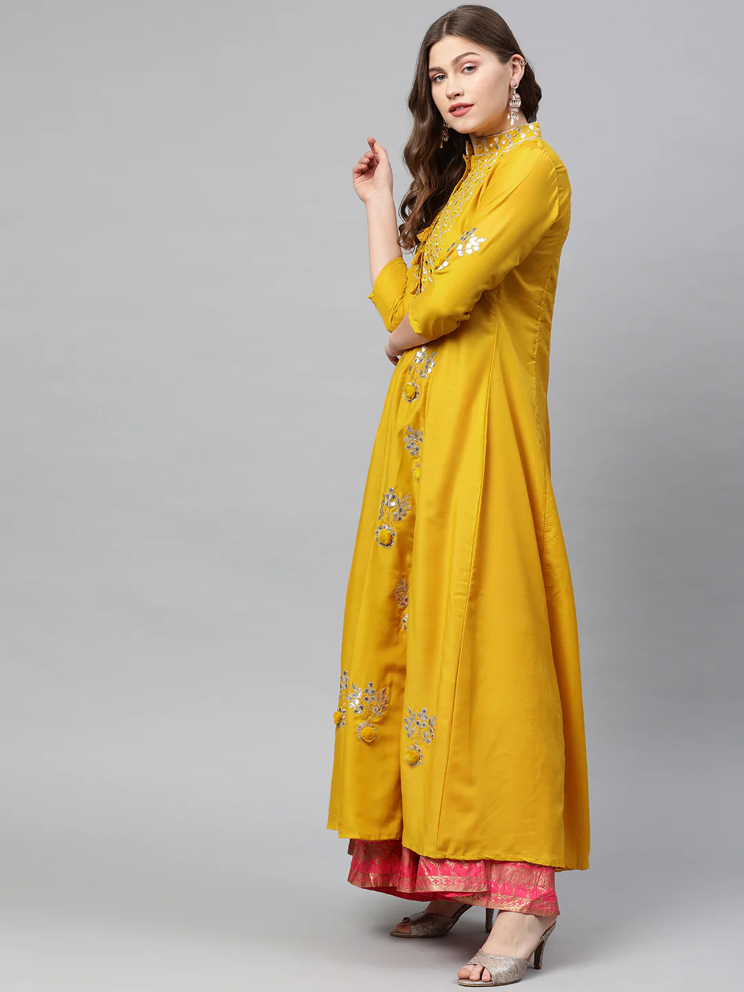 Neerus Women Mustard Yellow Solid Gotta Patti Detailed A-Line Kurta - Image 3