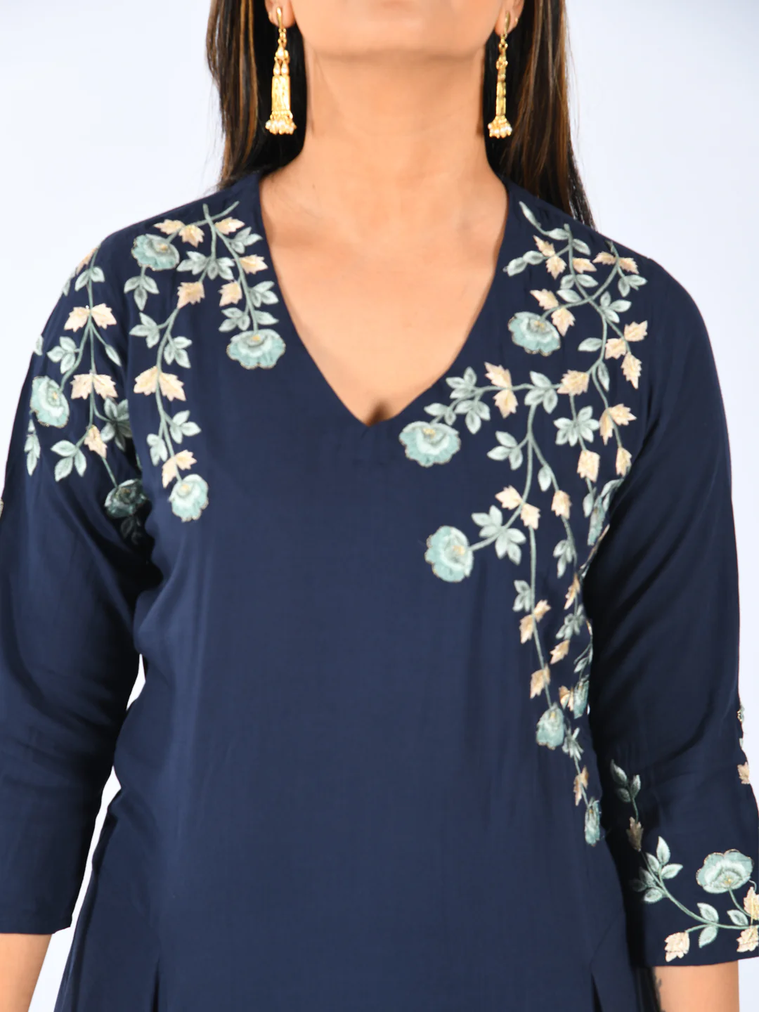 Neerus Women Navy Blue Color Slub Rayon Fabric Tunic - Image 4