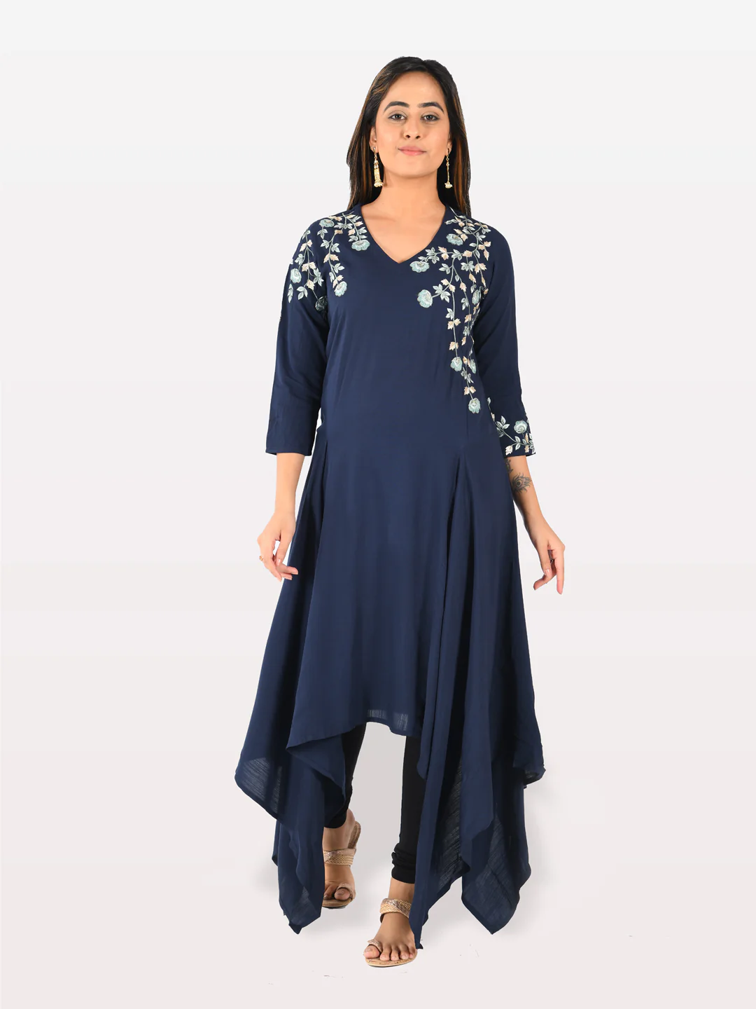 Neerus Women Navy Blue Color Slub Rayon Fabric Tunic - Image 5