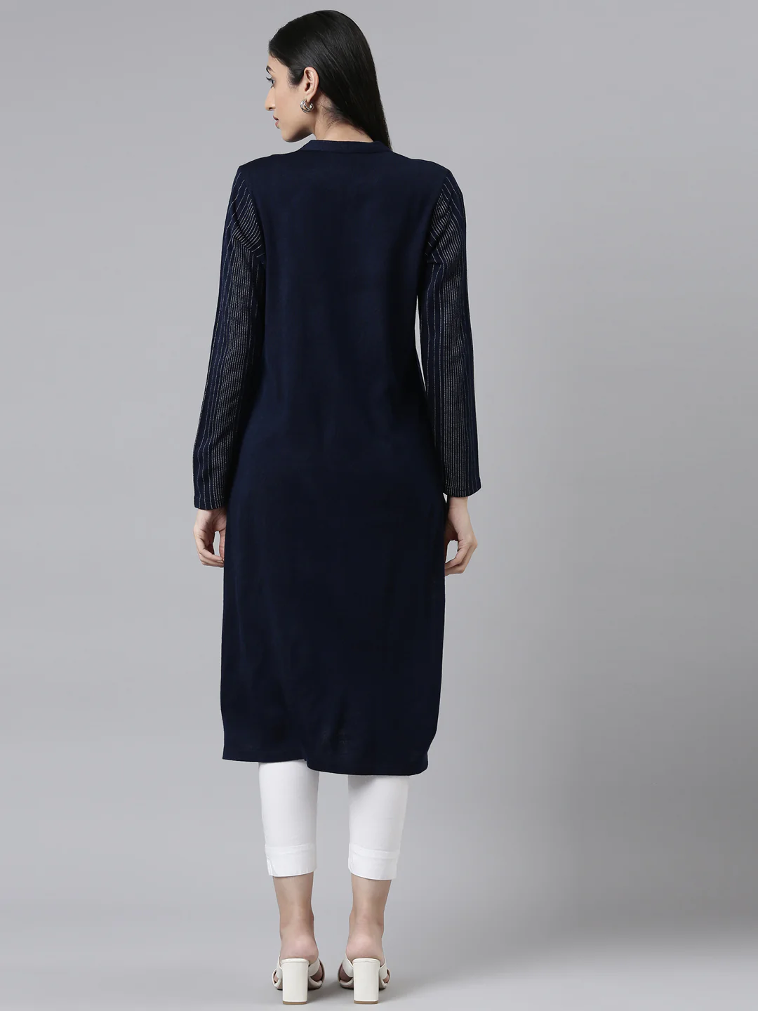 Neerus Winter Wear Navy Blue Embellished Striped Acrylic Kurta For Women - Image 3