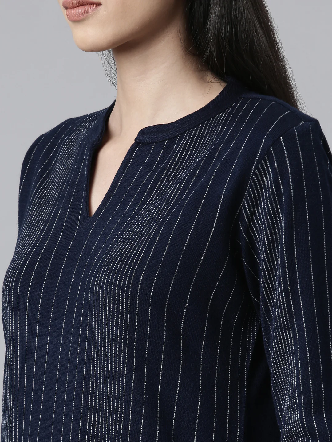 Neerus Winter Wear Navy Blue Embellished Striped Acrylic Kurta For Women - Image 4
