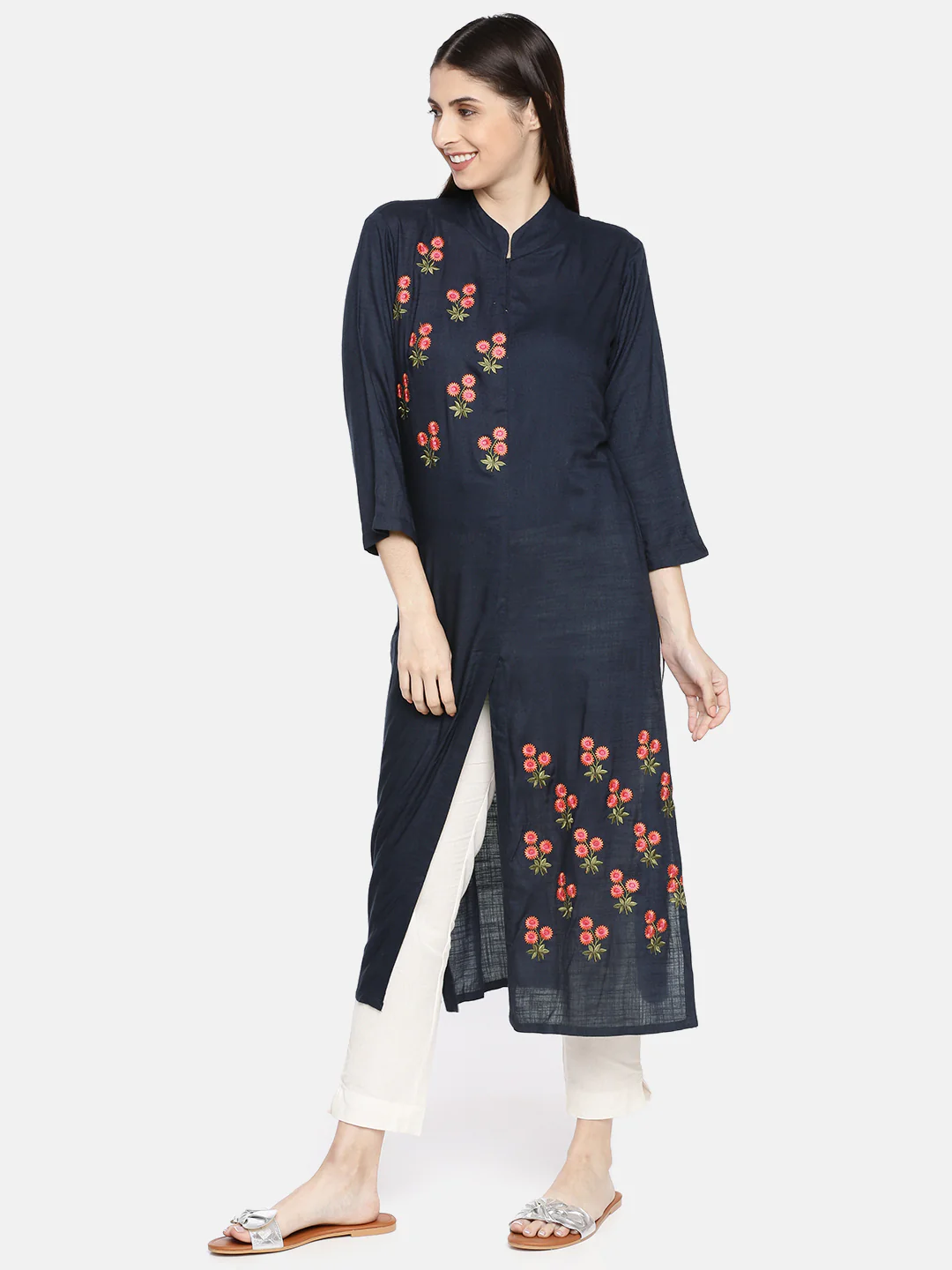 Neerus Women Navy Blue Embroidered A-Line Kurta - Image 3