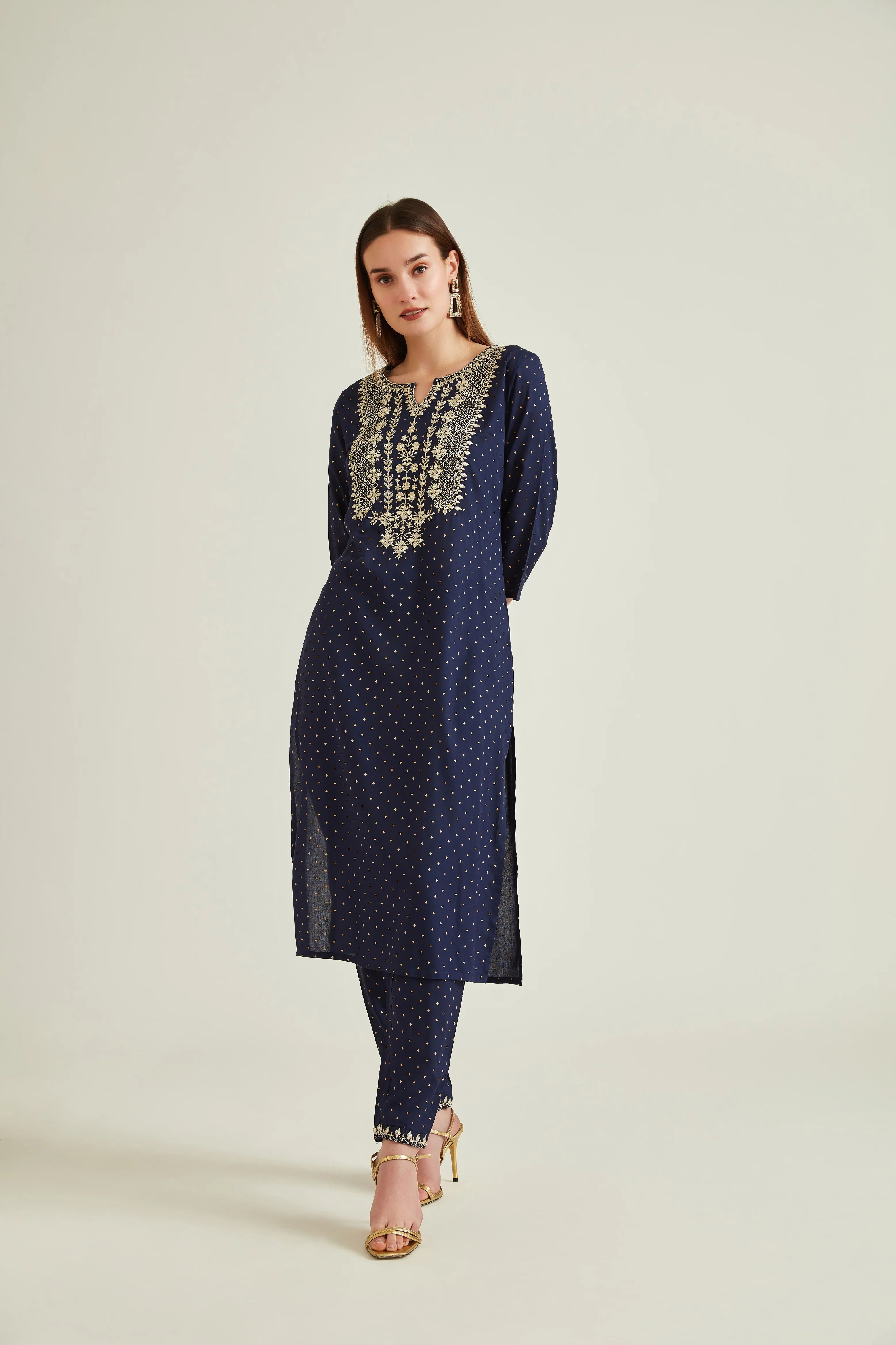 Neerus Women Navy Blue Embroidered Kurta with Trousers With Dupatta - Image 2