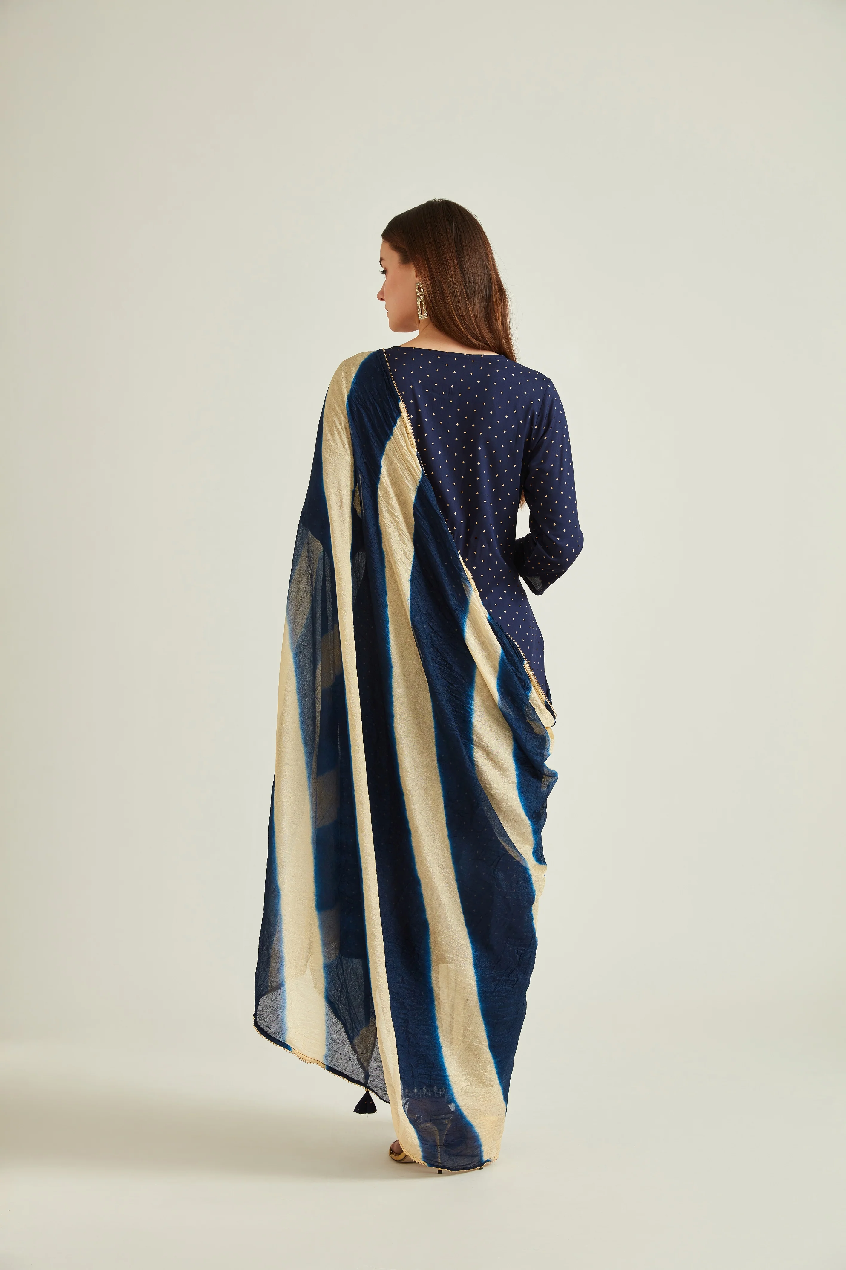 Neerus Women Navy Blue Embroidered Kurta with Trousers With Dupatta - Image 3