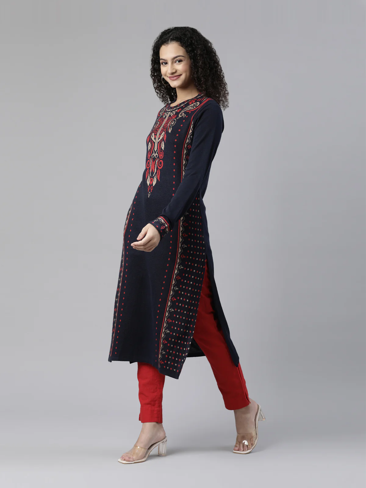 Neerus Winter Wear Navy Blue Ethnic Motifs Acrylic Kurta For Women - Image 2