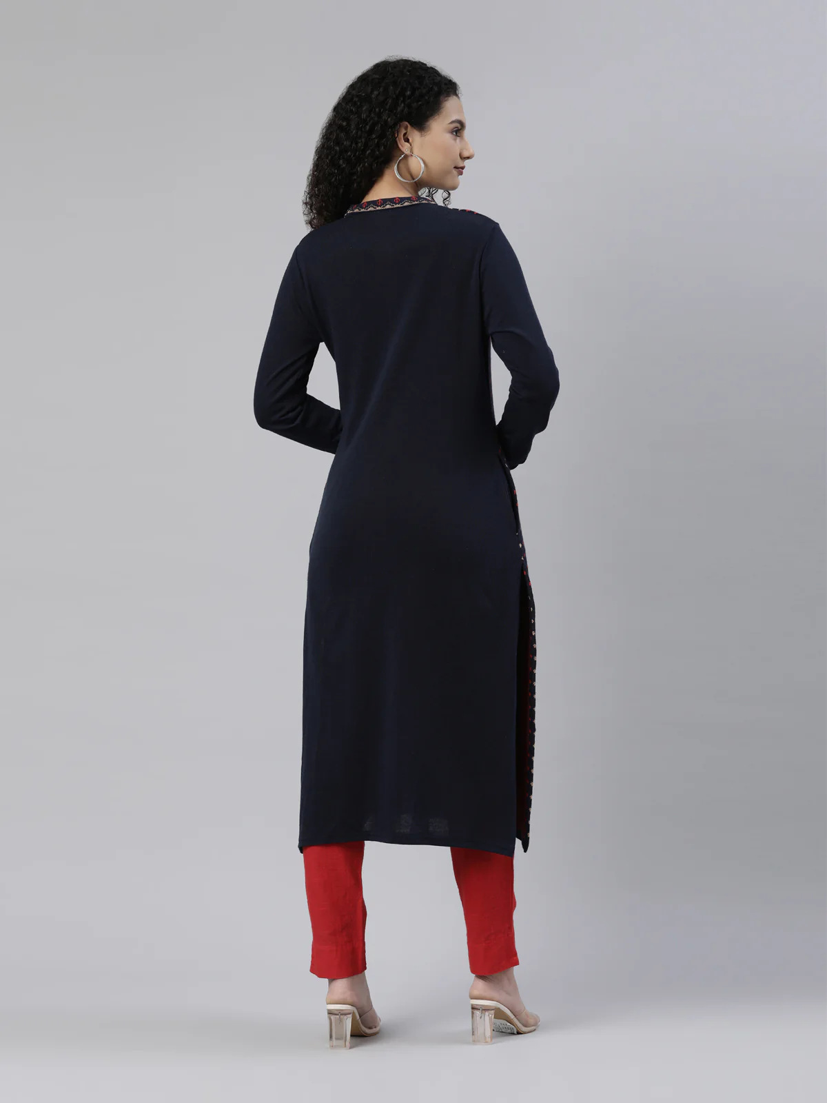 Neerus Winter Wear Navy Blue Ethnic Motifs Acrylic Kurta For Women - Image 3