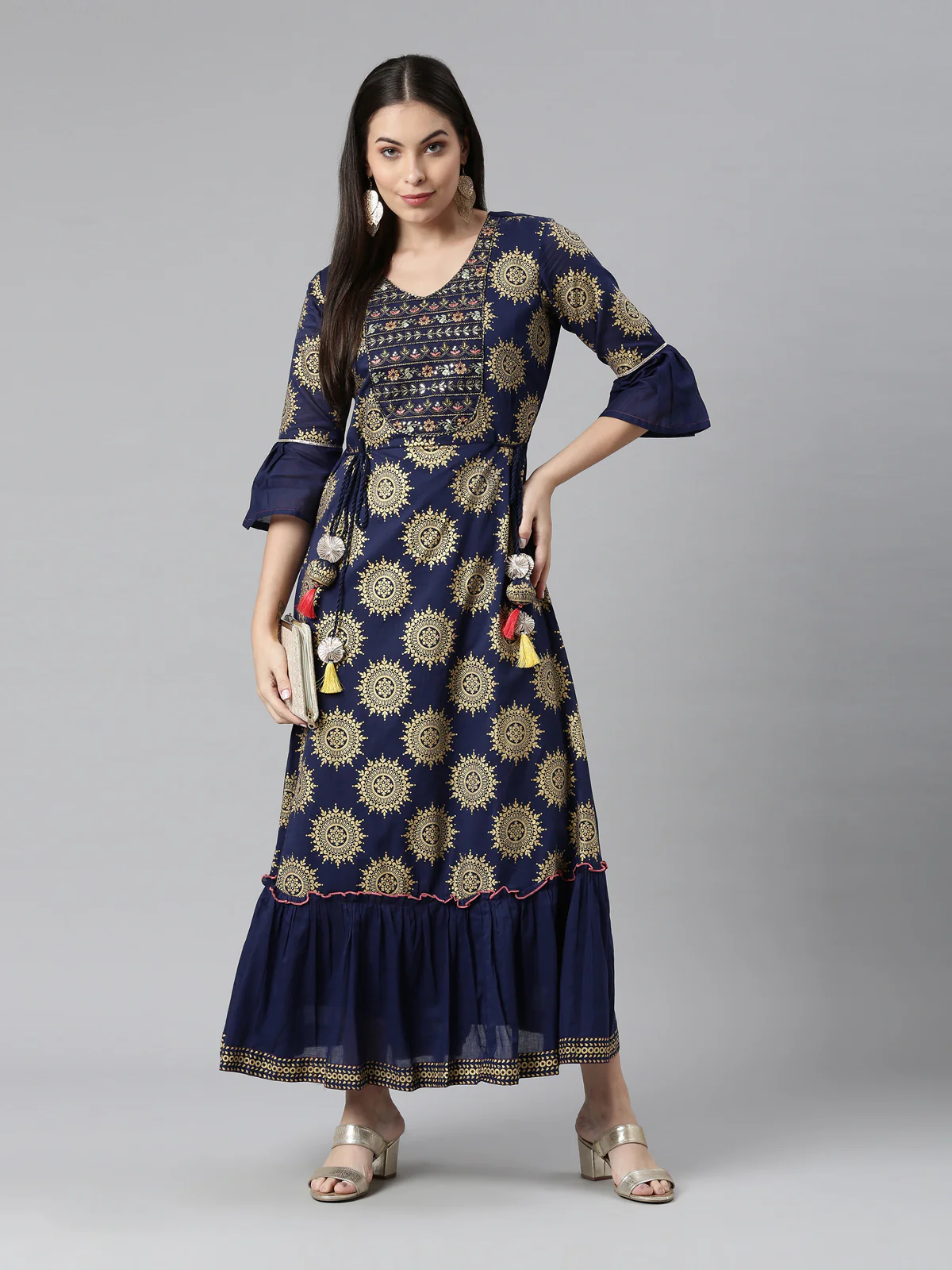 Neerus Women Navy Blue Ethnic Motifs Embellished Flared Sleeves Anarkali Kurta - Image 5