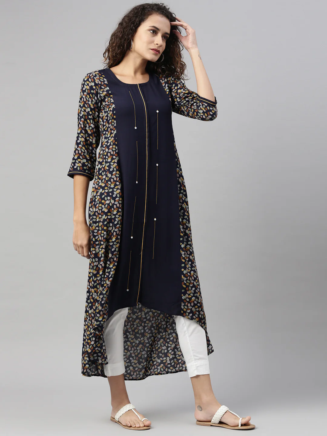 Neerus Women Navy Blue Ethnic Motifs Printed Kurta - Image 2