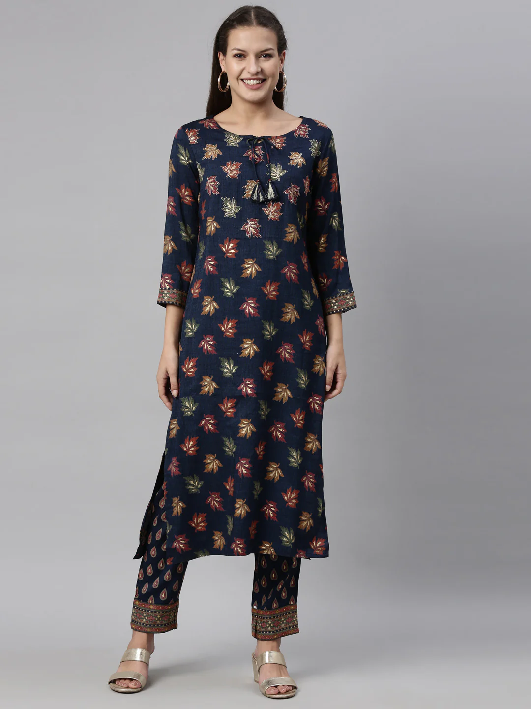 Neerus Women Navy Blue Floral Printed Kurta with Trousers - Image 6