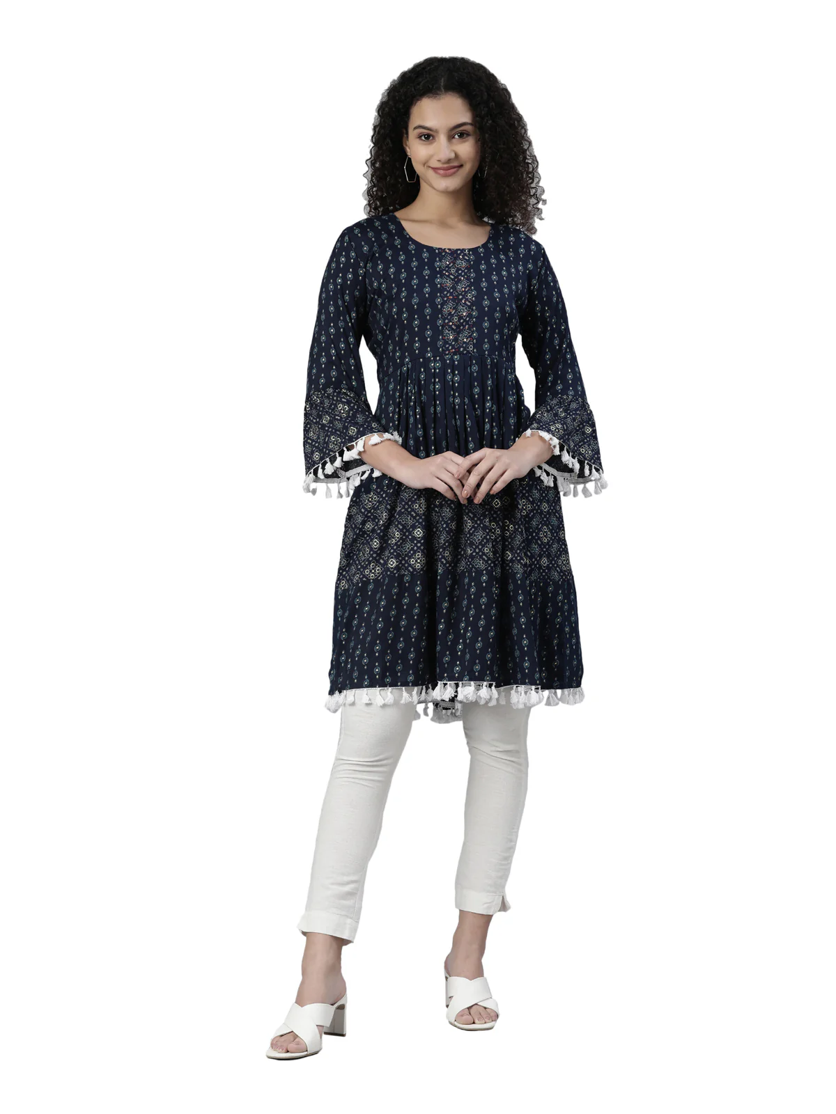 Neerus Women Navy Blue Geometric Printed Kurta