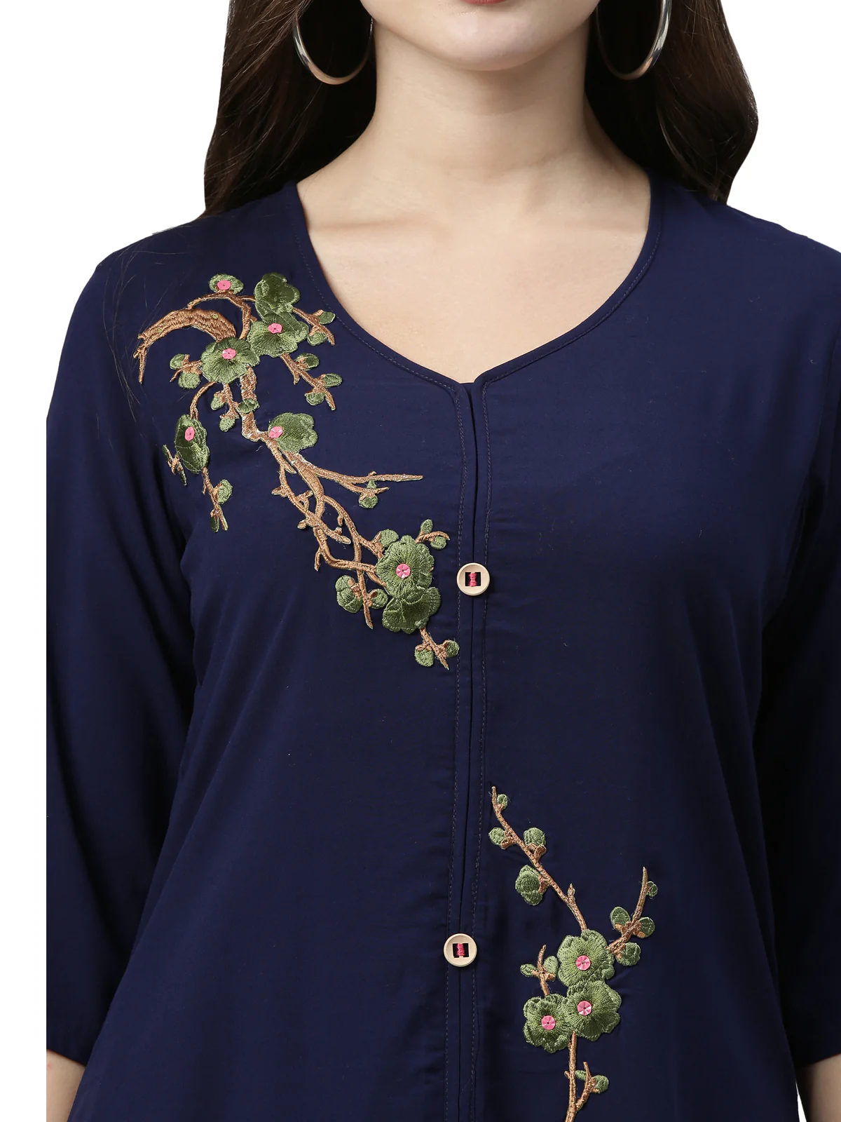 Neerus Women Navy Blue  Green Phulkari Embroidered Floral Front-Slit A-Line Kurta - Image 4