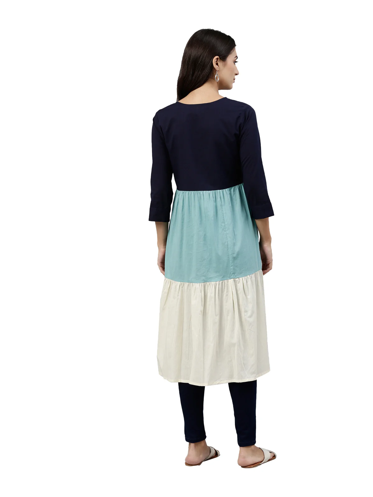 Neerus Women Navy Blue  Off White Tiered Colour blocked Kurta - Image 3