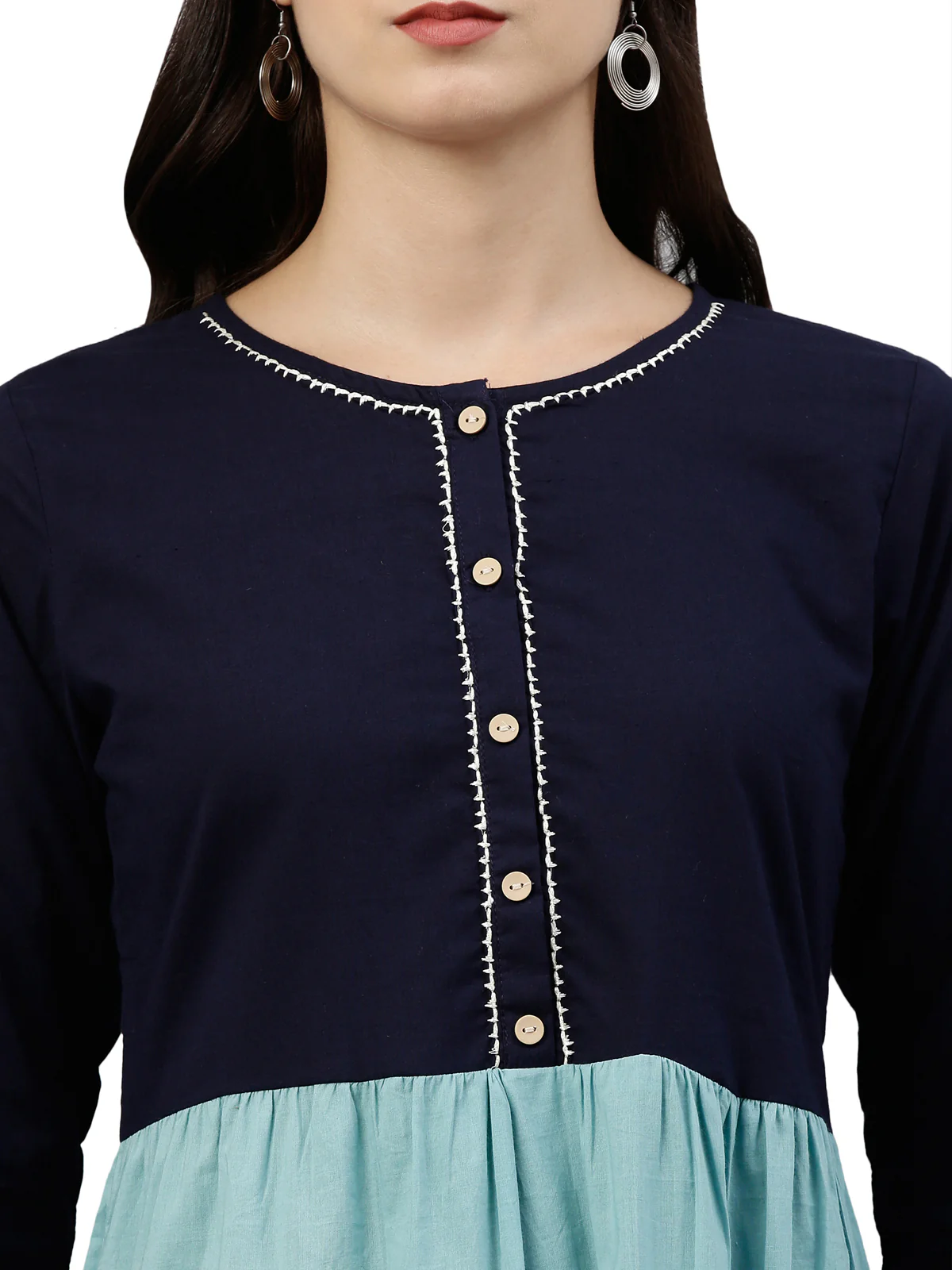 Neerus Women Navy Blue  Off White Tiered Colour blocked Kurta - Image 4