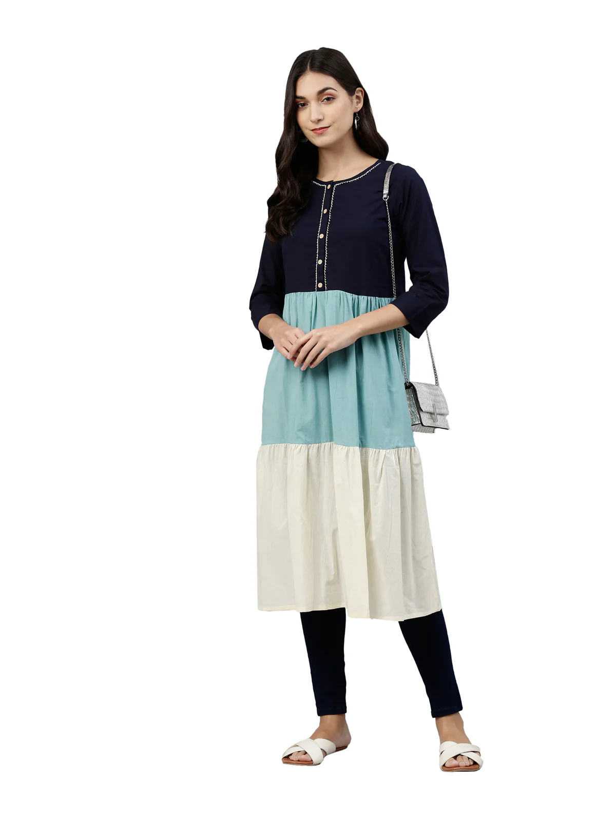 Neerus Women Navy Blue  Off White Tiered Colour blocked Kurta - Image 5