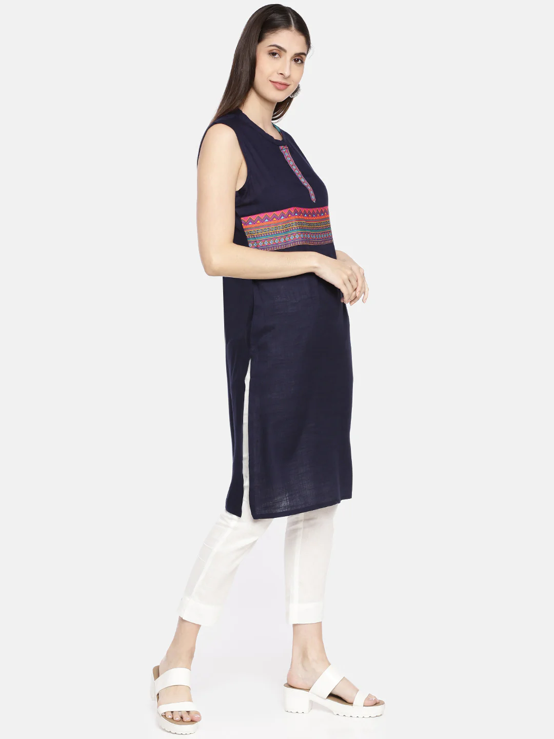 Neerus Women Navy Blue Printed A-Line Kurta - Image 3