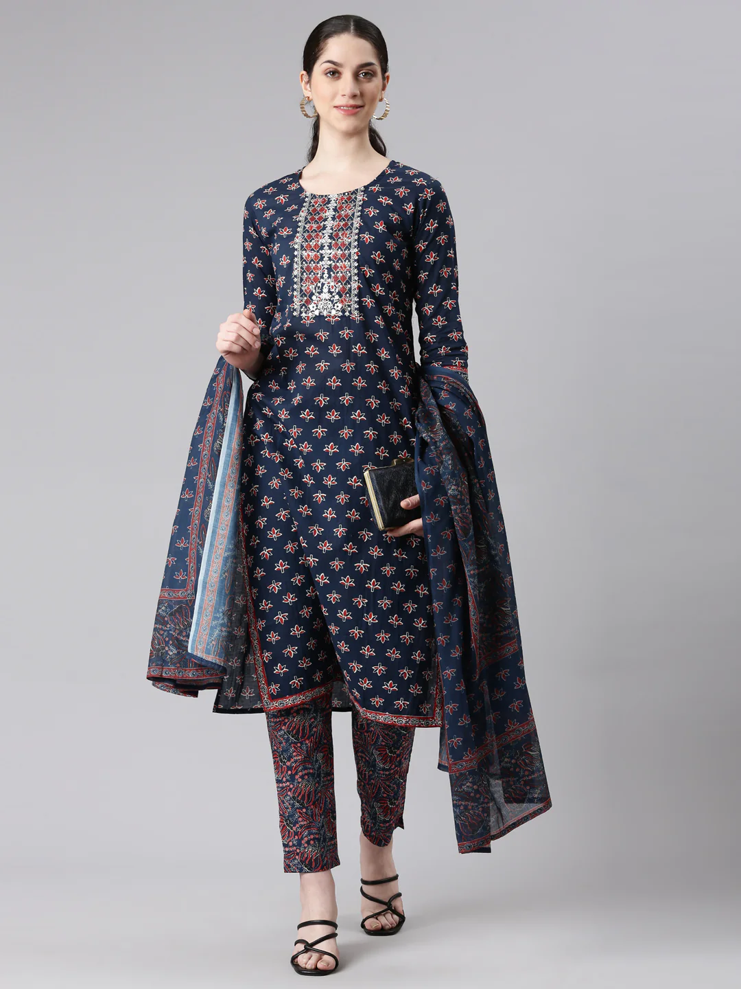 Neerus Women Navy Blue Straight Kurta and Trousers With Dupatta - Image 5