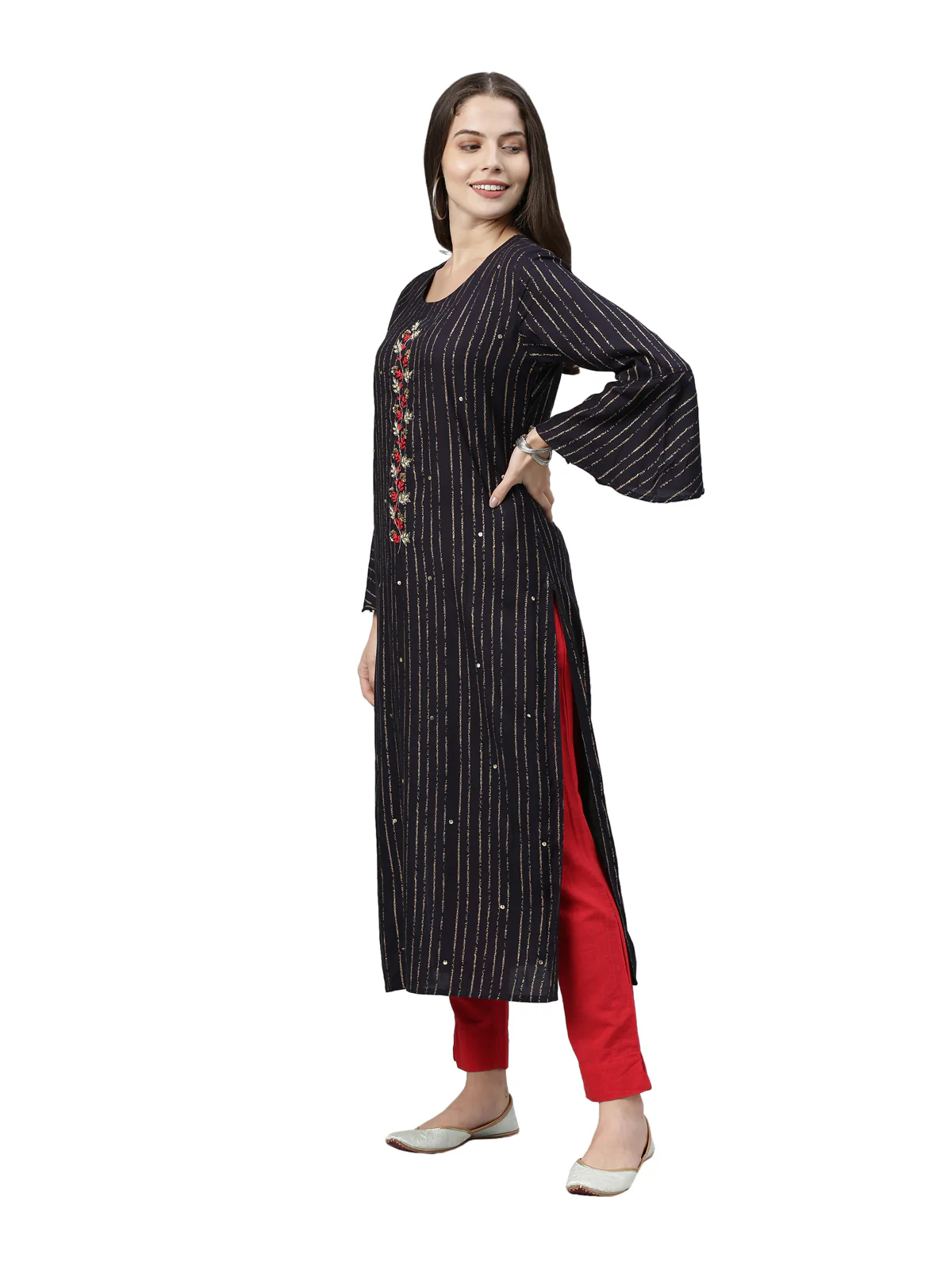Neerus Women Navy Blue Striped Bell Sleeves Kurta - Image 2