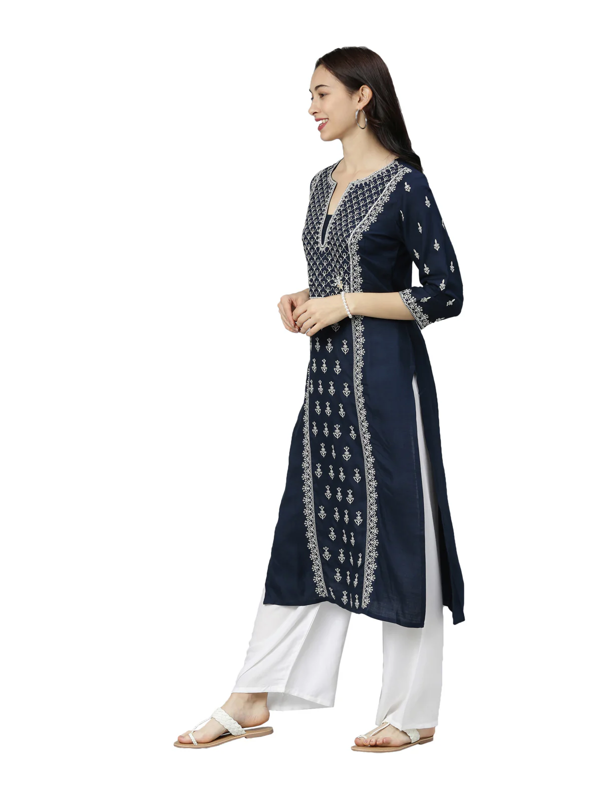 Neerus Women Navy Blue White Floral Embroidered Thread Work Kurta - Image 2