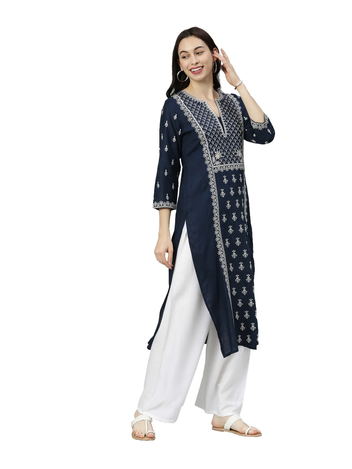 Neerus Women Navy Blue White Floral Embroidered Thread Work Kurta - Image 3