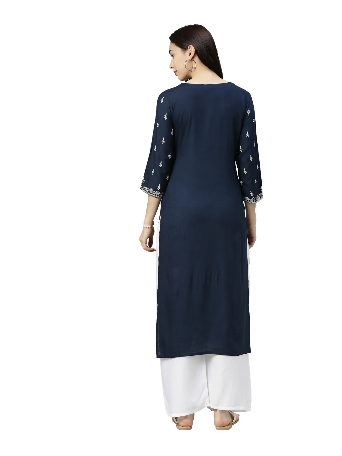 Neerus Women Navy Blue White Floral Embroidered Thread Work Kurta - Image 4