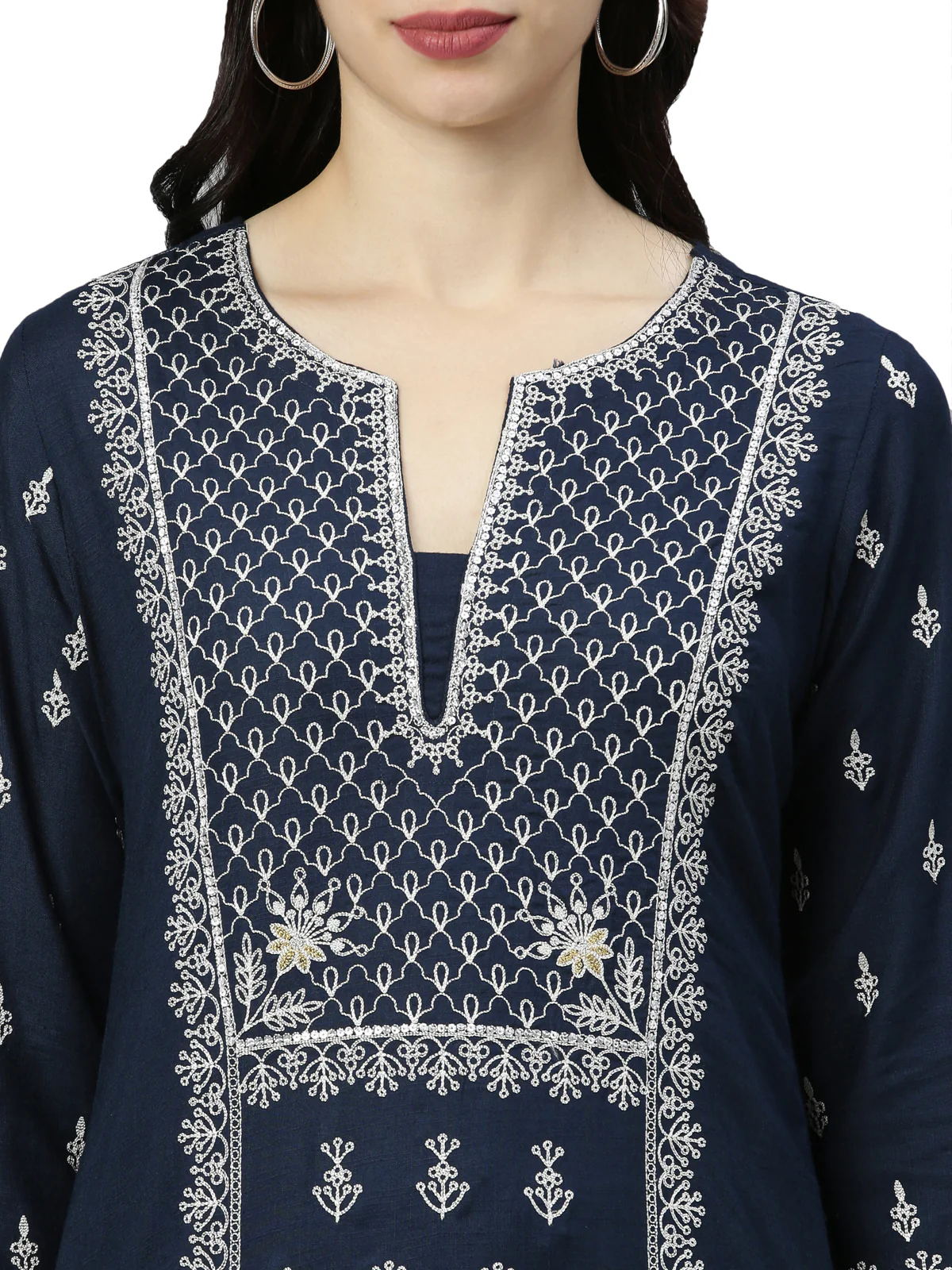 Neerus Women Navy Blue White Floral Embroidered Thread Work Kurta - Image 5