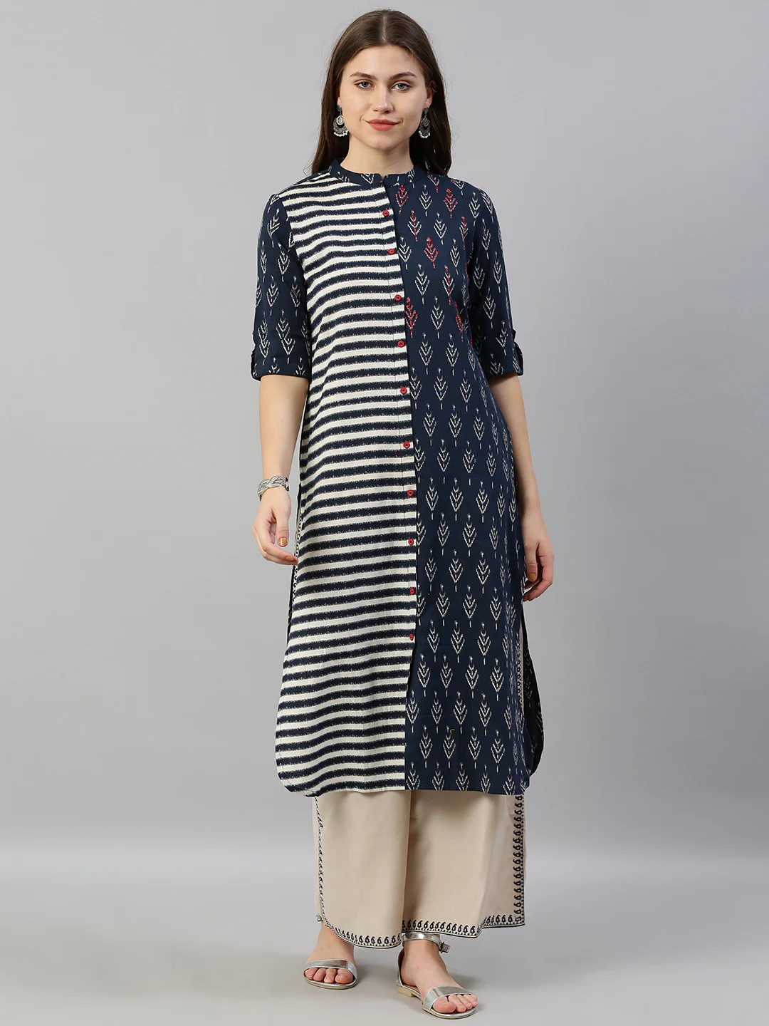 Neerus Women Navy Blue White Striped Straight Kurta