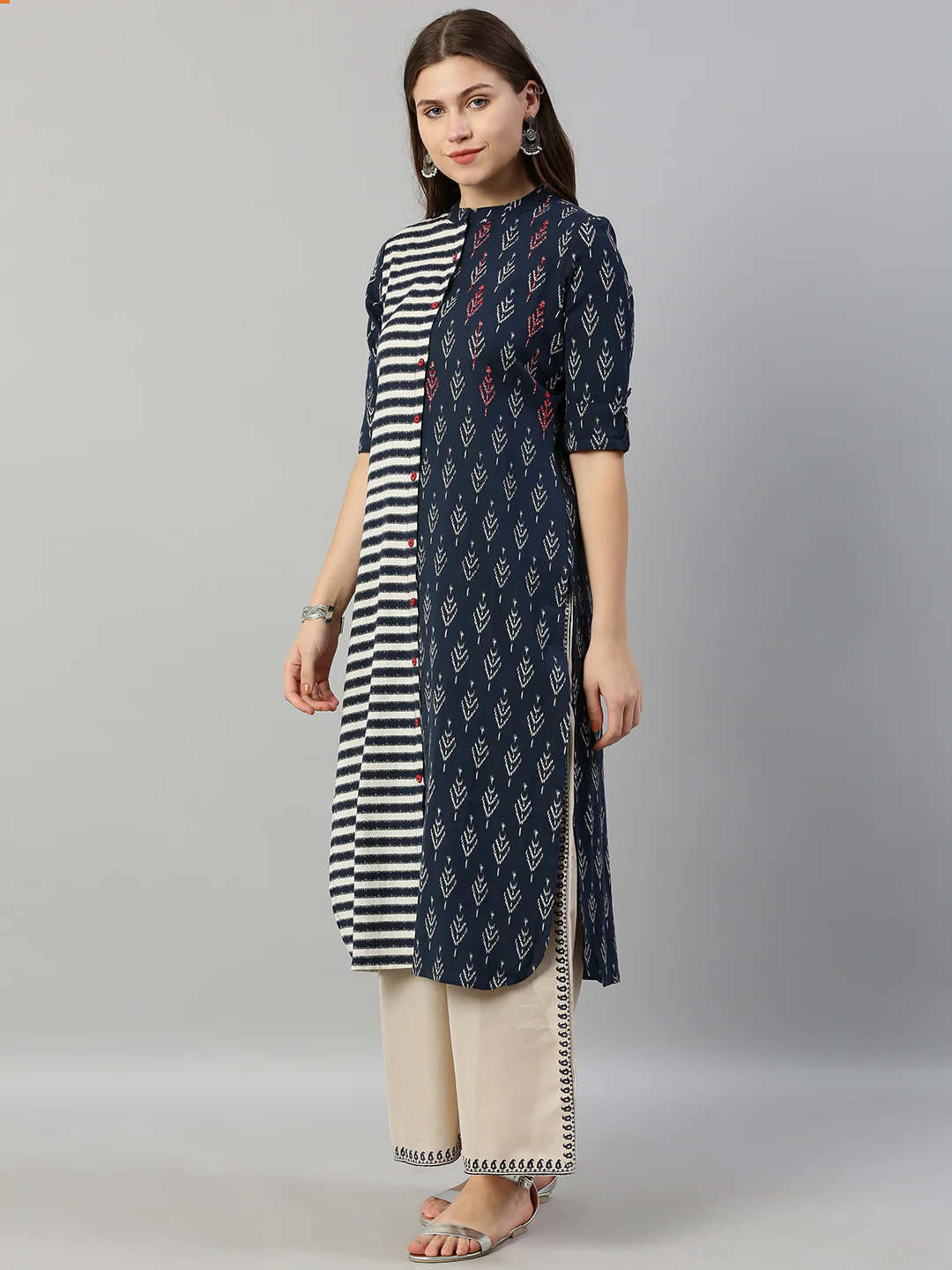 Neerus Women Navy Blue White Striped Straight Kurta - Image 5