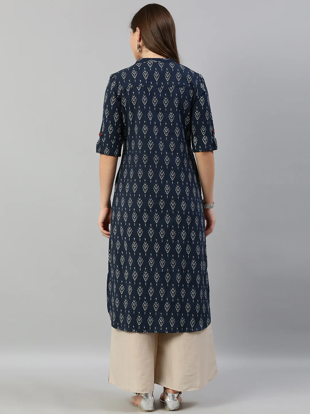 Neerus Women Navy Blue White Striped Straight Kurta - Image 6