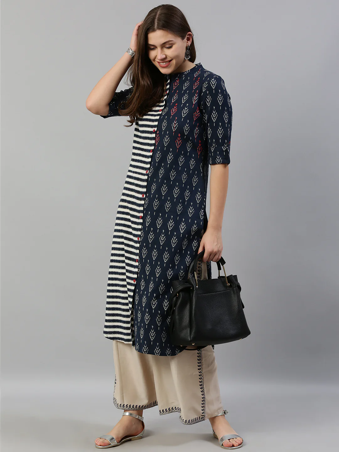 Neerus Women Navy Blue White Striped Straight Kurta - Image 7