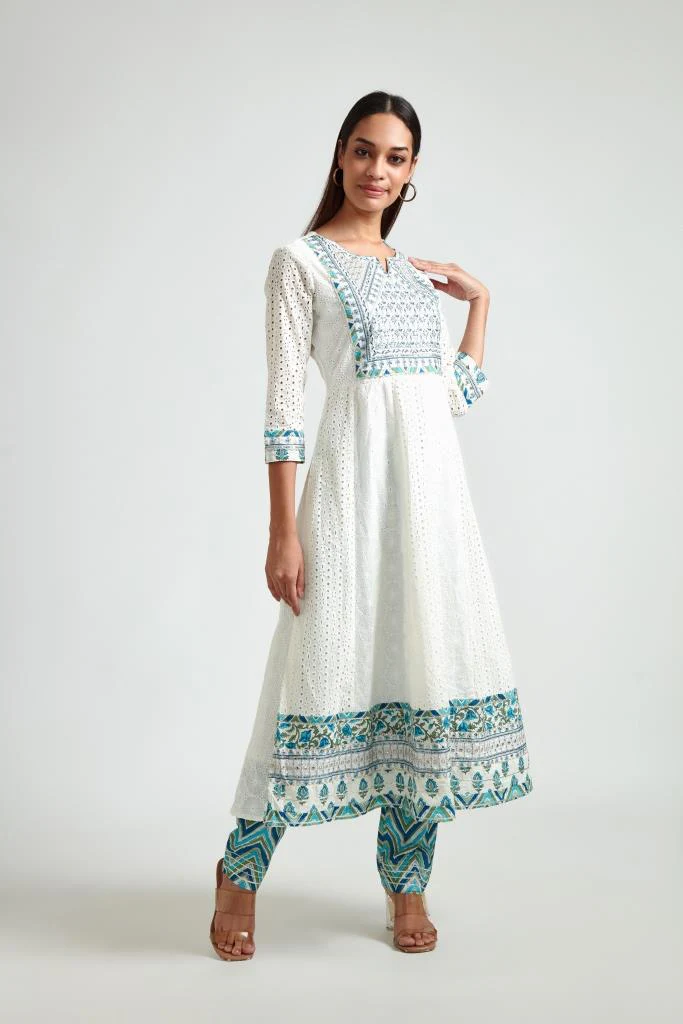 Neerus Women Off White Blue Floral Yoke Design Kurta with Trouser Dupatta - Image 2