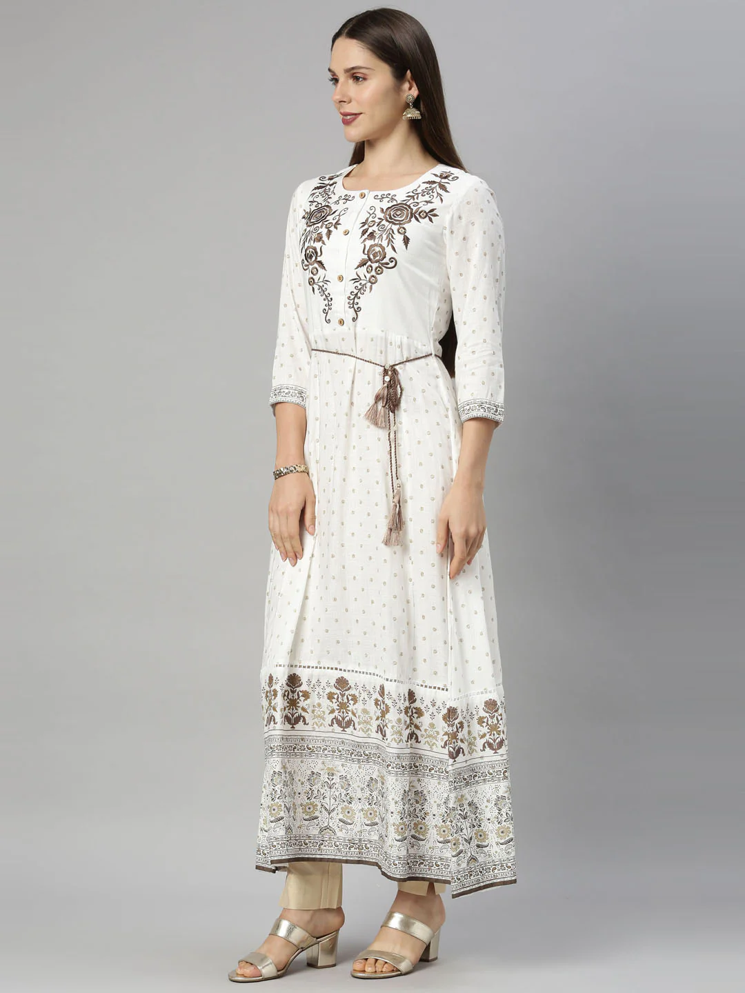 Neerus Women Off White  Brown Floral Embroidered Anarkali Kurta - Image 2