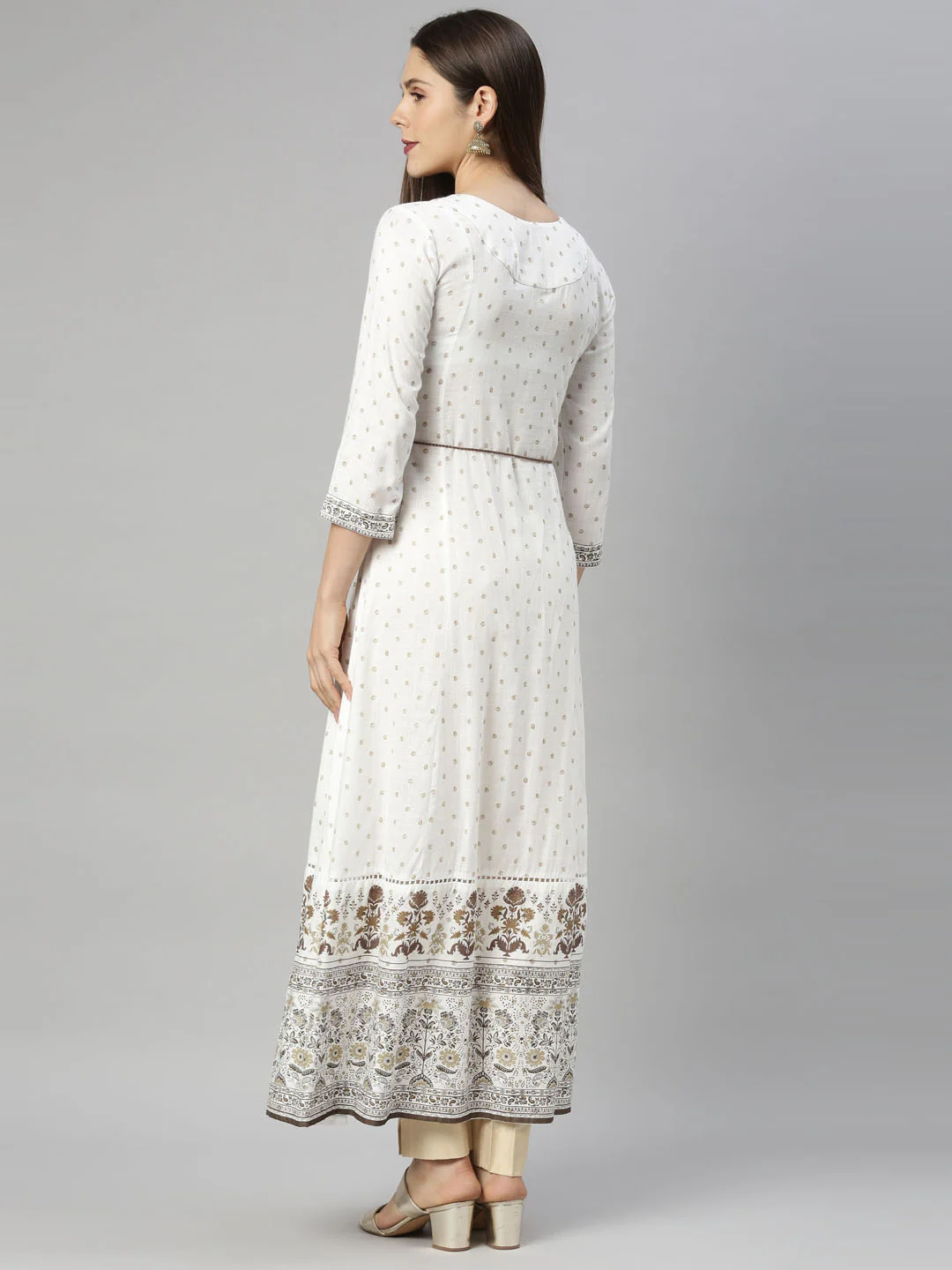 Neerus Women Off White  Brown Floral Embroidered Anarkali Kurta - Image 3
