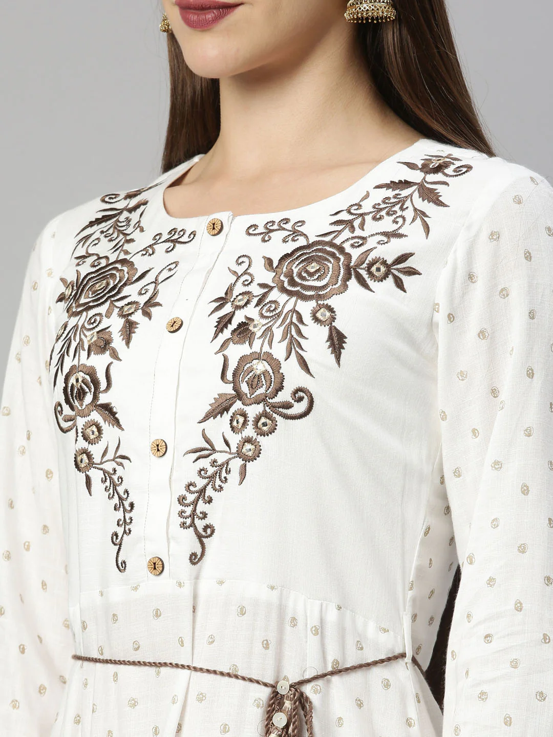 Neerus Women Off White  Brown Floral Embroidered Anarkali Kurta - Image 4
