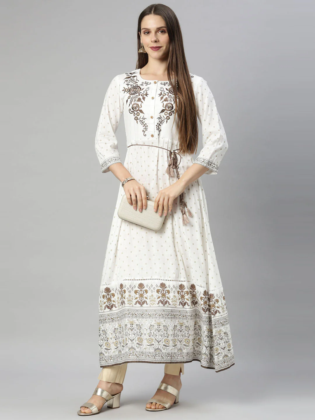 Neerus Women Off White  Brown Floral Embroidered Anarkali Kurta - Image 5