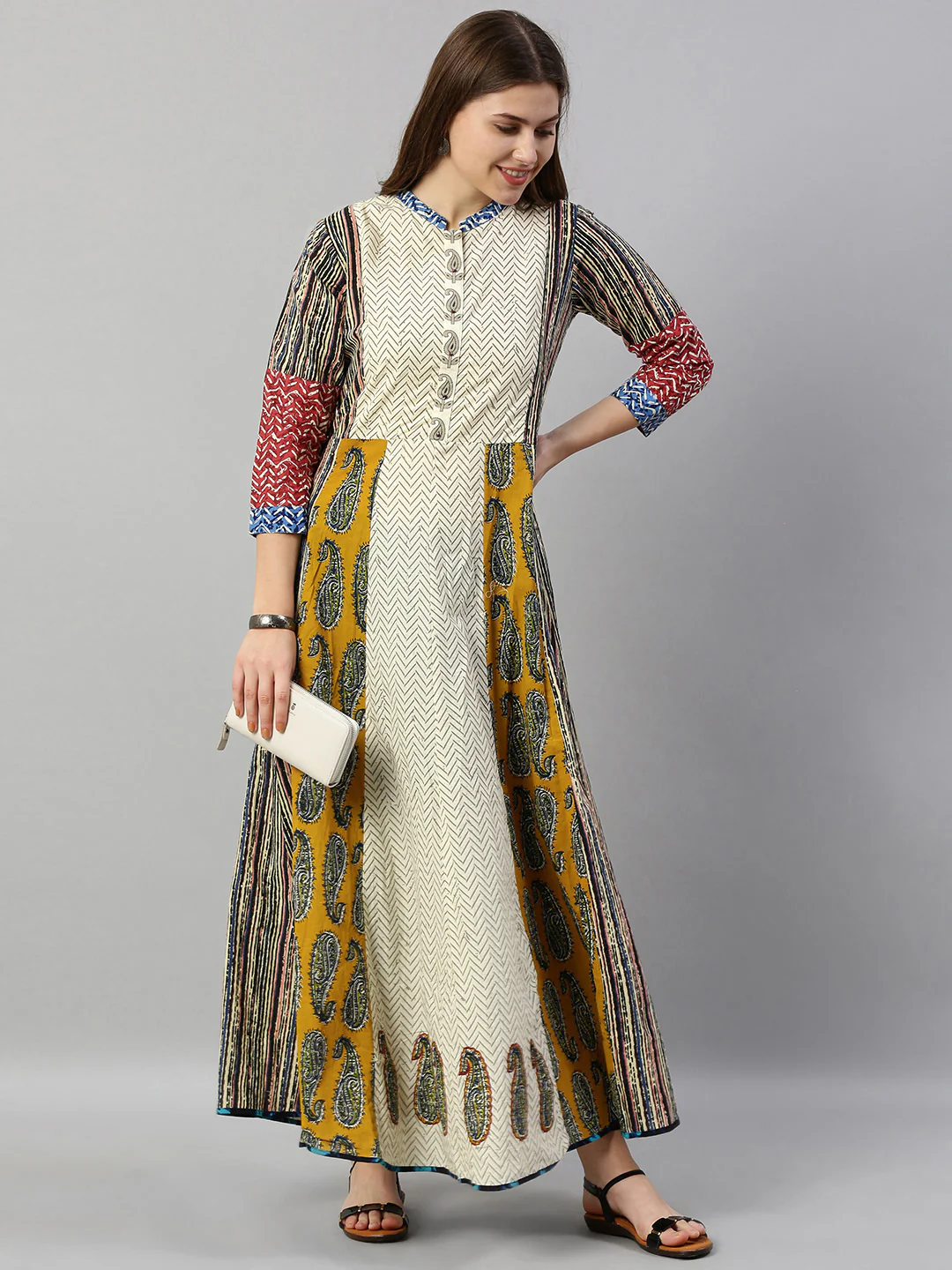 Neerus Women Off-White Brown Printed A-Line Kurta - Image 5