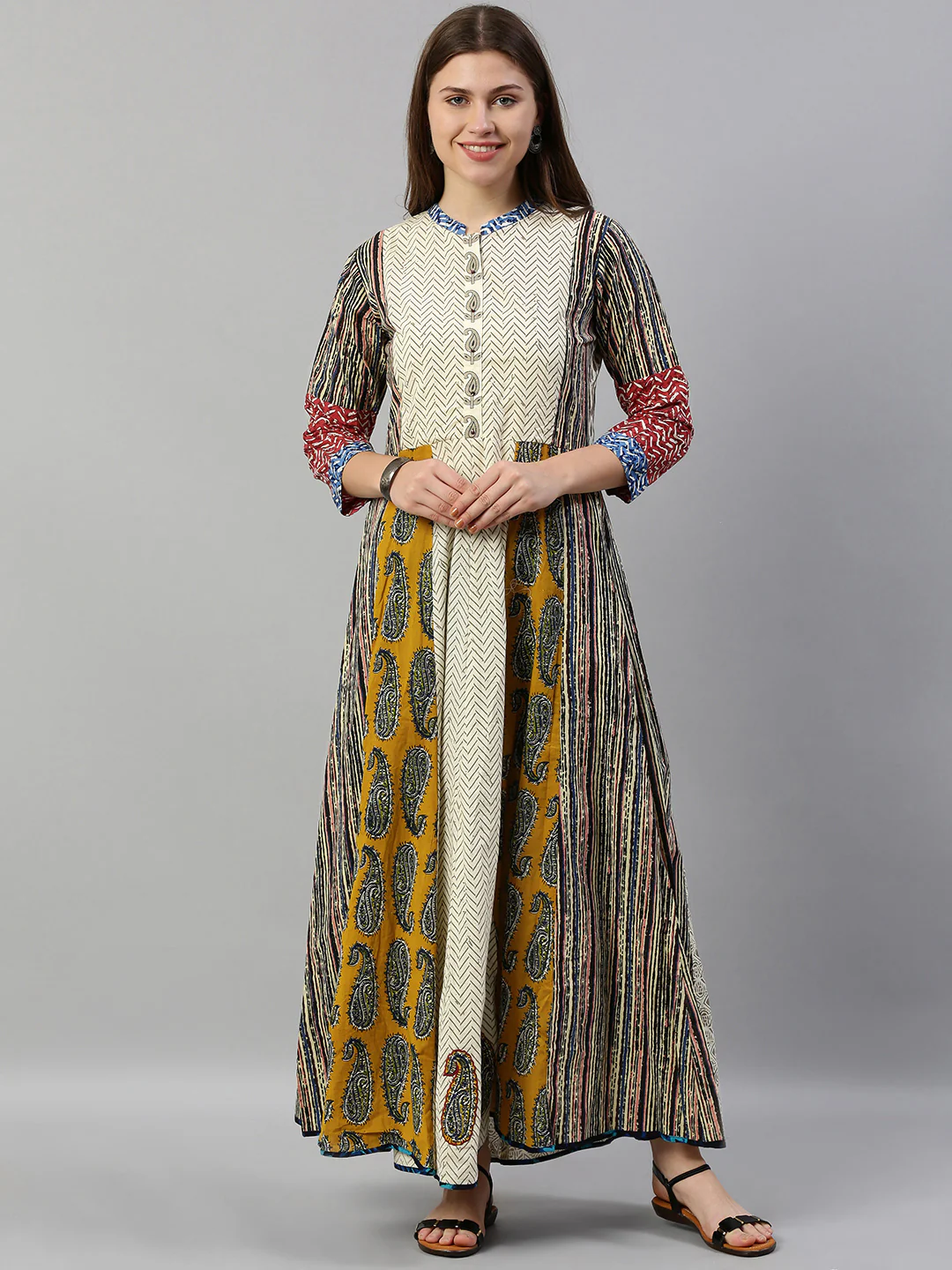 Neerus Women Off-White Brown Printed A-Line Kurta - Image 7