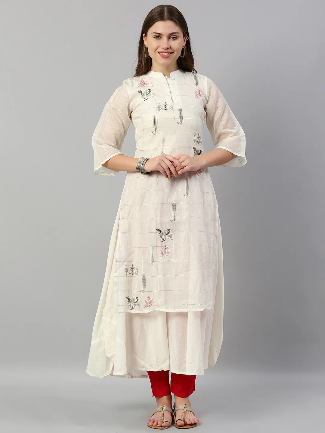 Neerus Women Off-White Golden Checked with Quirky Detailing Layered A-Line Kurta