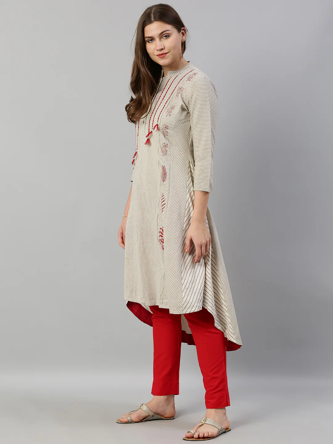 Neerus Women Off-White Grey Striped A-Line Kurta With Tassels - Image 3